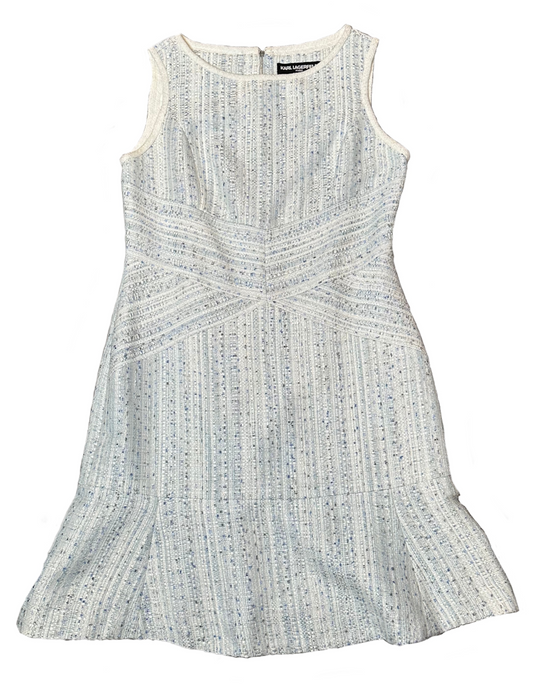 Karl Lagerfeld Paris Jacquard Metallic Light Blue Tweed Sleeveless Dre This Karl Lagerfeld Paris dress is an elegant addition to any wardrobe. The criss cross waist 