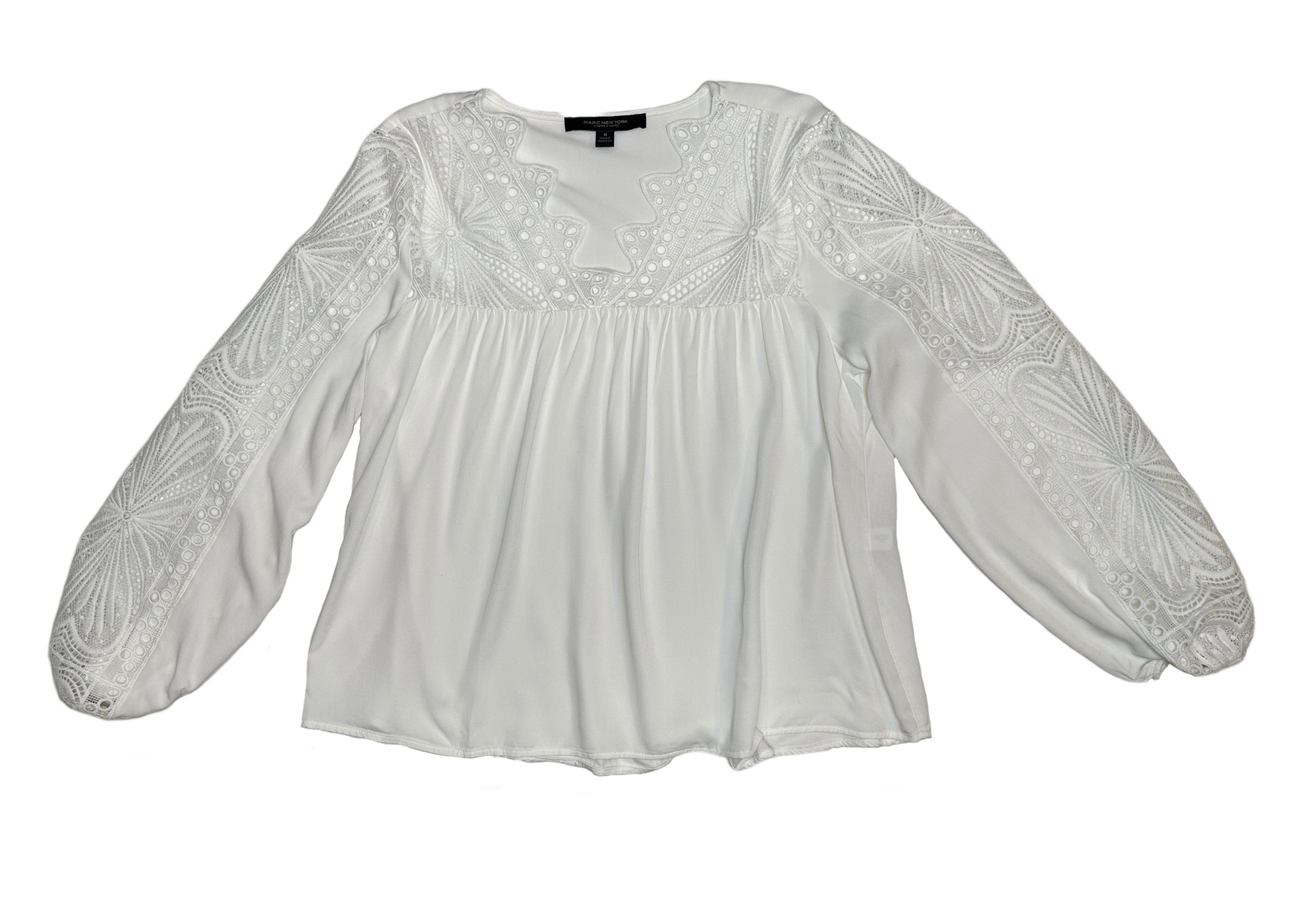 Marc New York Andrew MarcThis Marc New York Andrew Marc blouse is a breath of fresh air! Crafted from lightweight rayon, it has soft crochet details for added charm, a flattering V-neck, andShirts & TopsMarc New York Andrew Marc White Blouse with Crochet DetailsYork Andrew Marc White Blouse