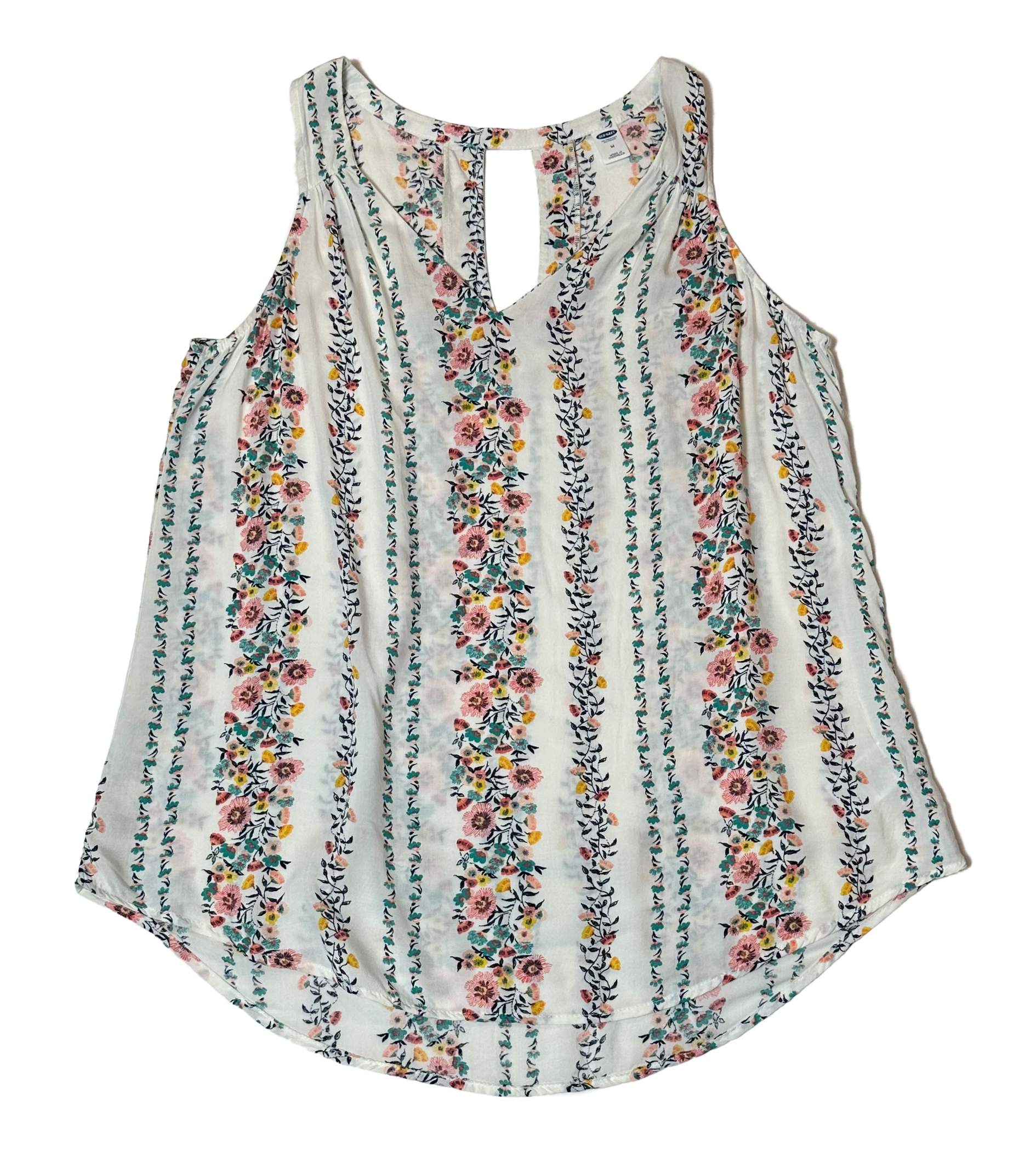 Old NavyLook blooming fabulous in this Old Navy floral stripe sleeveless v-neck shirt! It's semi-sheer white fabric adorned with floral stripes will have you looking like yoShirtOld Navy Floral Stripe Sleeveless V-neck ShirtNavy Floral Stripe Sleeveless