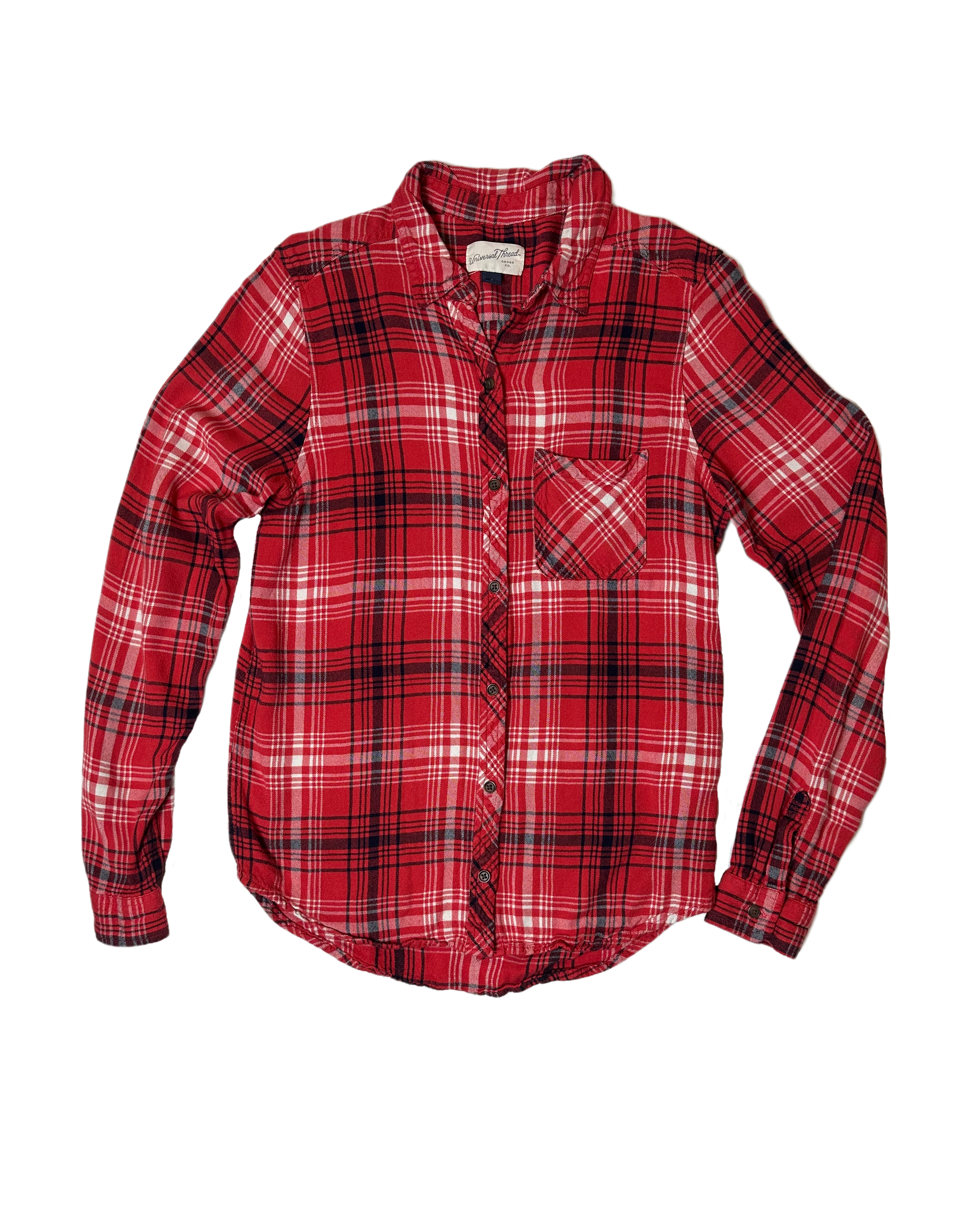 Universal Threads Long Sleeve Red, Black and White Plaid Shirt Stay warm in style with this soft yet sassy Universal Threads long sleeve plaid shirt! Perfect for any season, it features a bold red, black and white pattern that'l