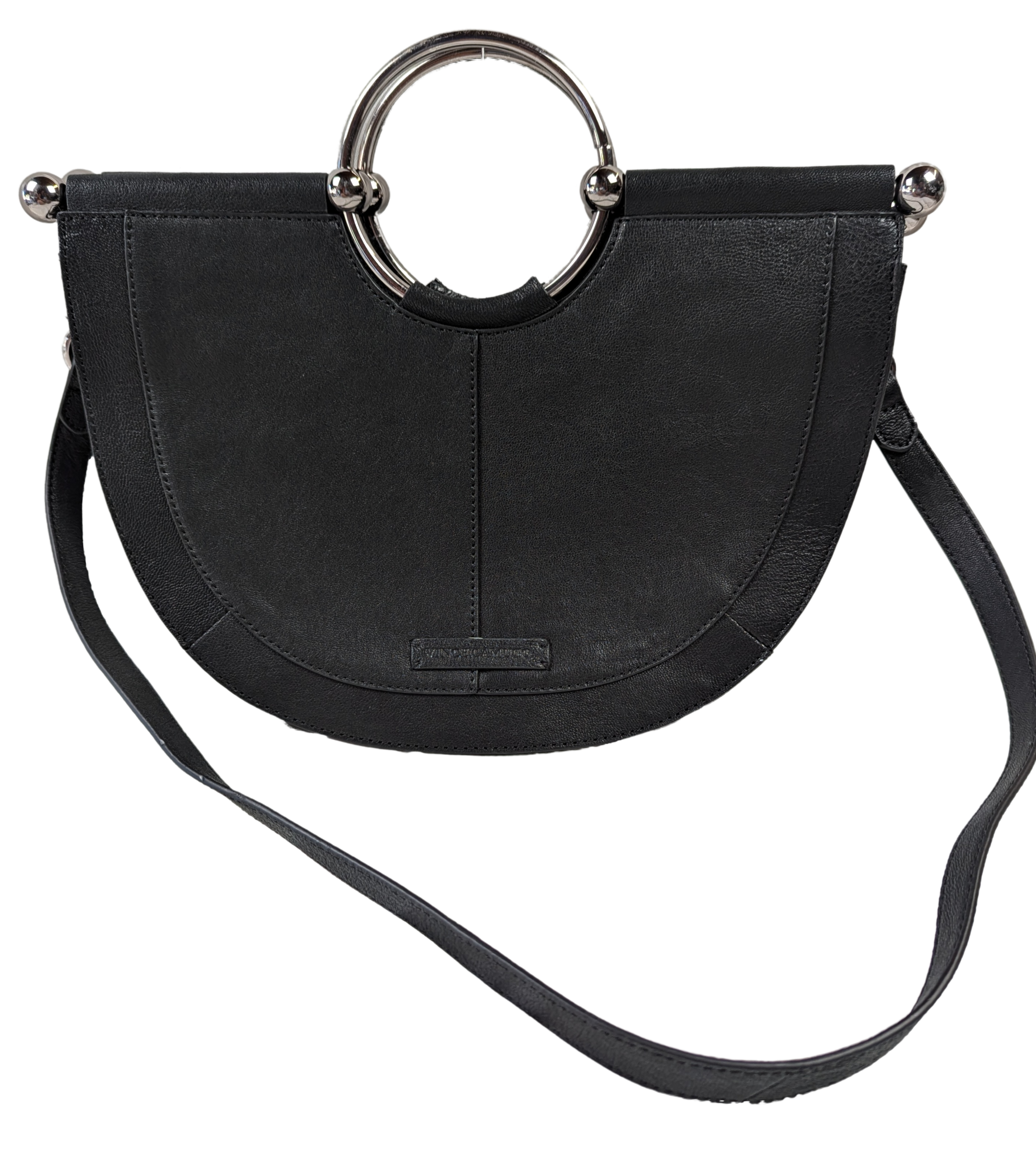 Vince Camuto Black Leather Half-circle Handbag - EUC Upgrade your handbag game with the Vince Camuto Half-circle Handbag. Crafted from sleek black leather with shiny