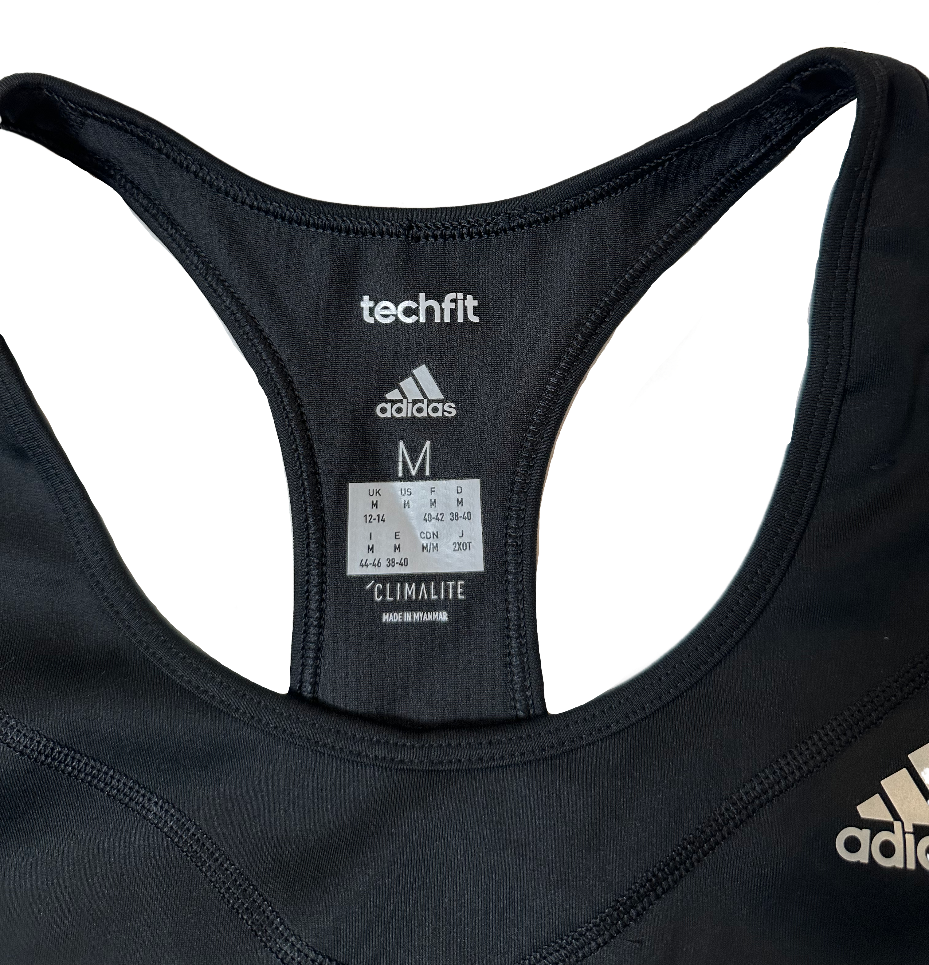 Adidas Techfit Climate Black Sports Bra size Medium Get ready to crush your workout with this Adidas Techfit Climate black sports bra in size medium. Featuring a razor ba