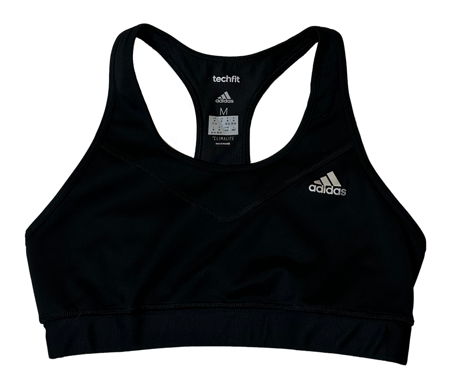 Adidas Techfit Climate Black Sports Bra size Medium Get ready to crush your workout with this Adidas Techfit Climate black sports bra in size medium. Featuring a razor ba