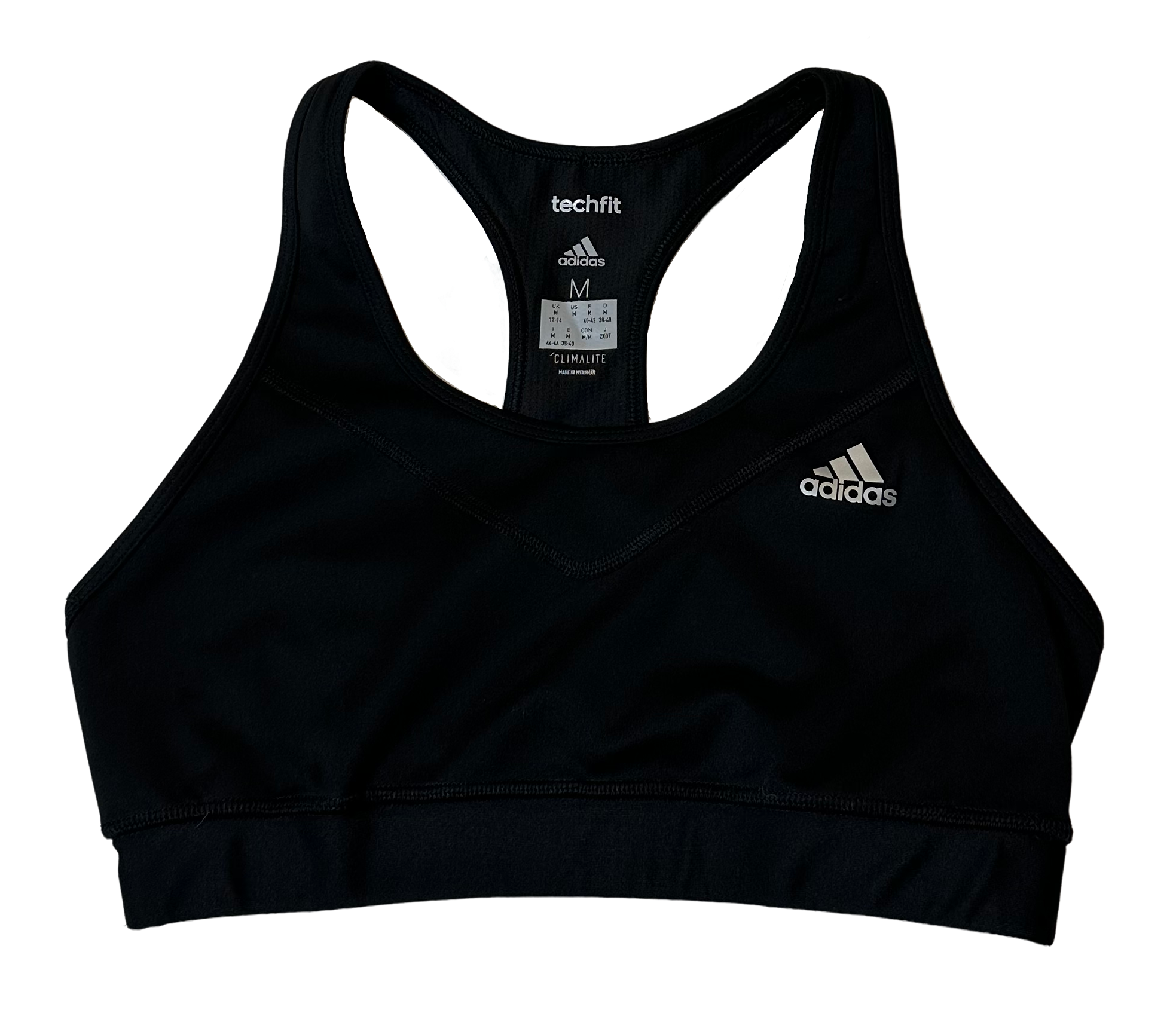 Adidas Techfit Climate Black Sports Bra size Medium Get ready to crush your workout with this Adidas Techfit Climate black sports bra in size medium. Featuring a razor ba