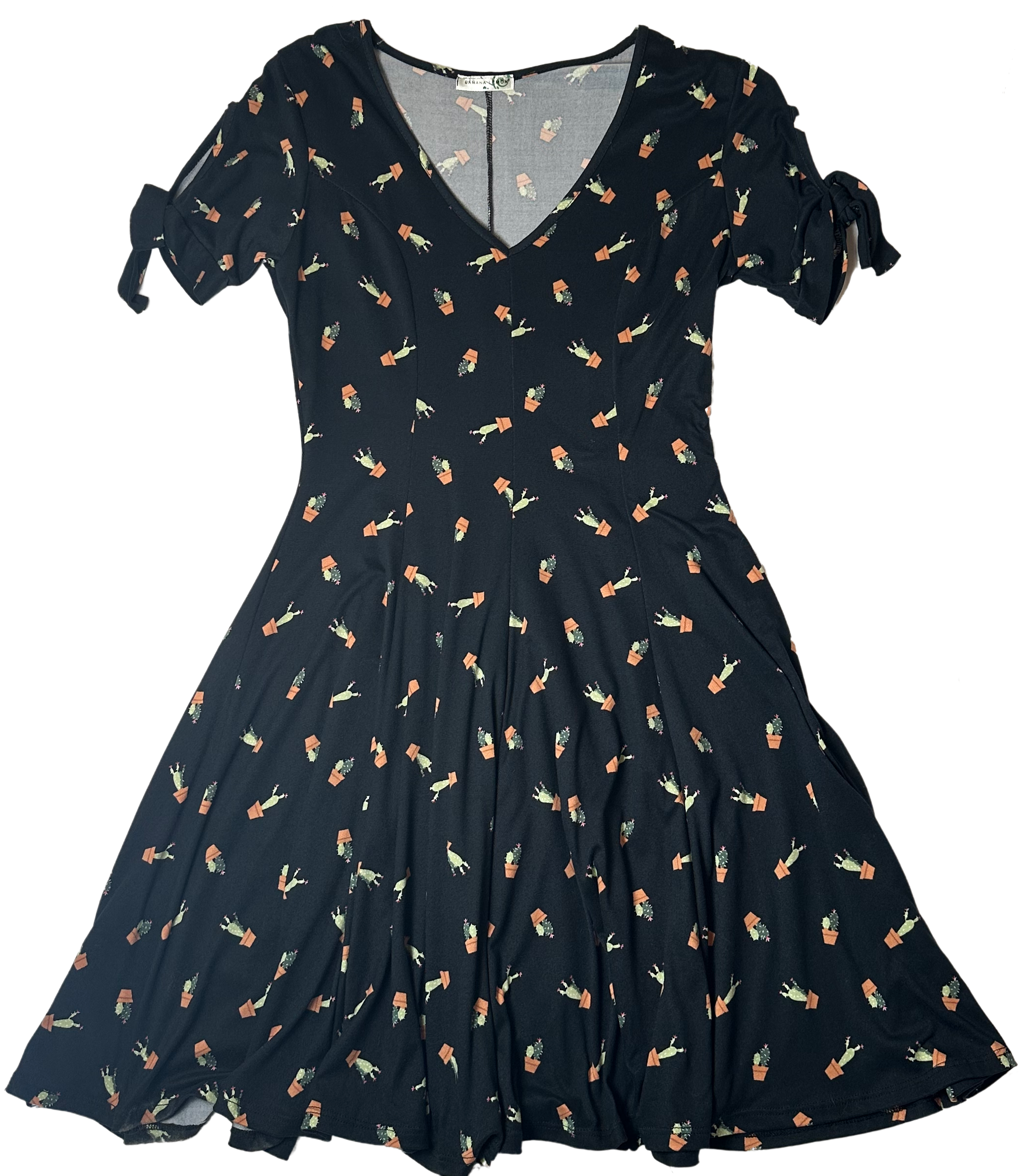 Banana Lemon Cactus Print Black Fit & Flare Dress
