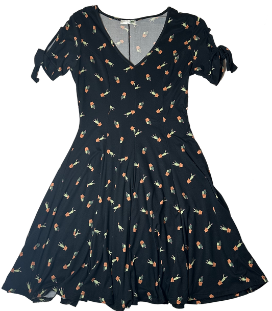 Banana Lemon Cactus Print Black Fit & Flare Dress