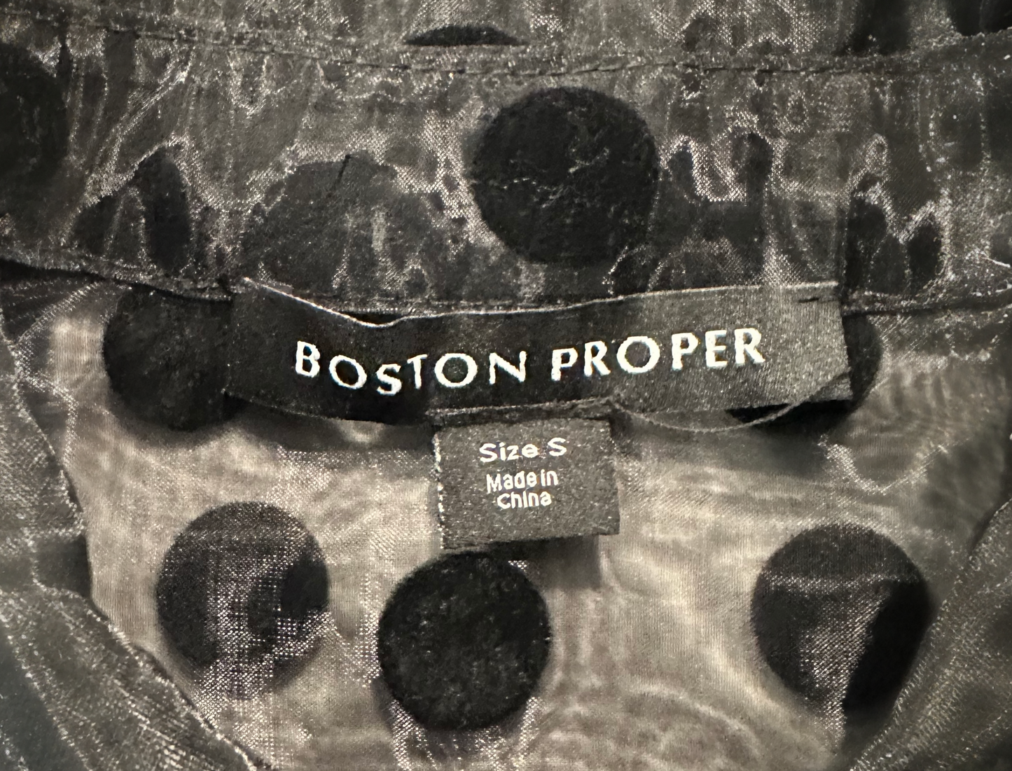 Boston Proper Sheer Black Polka Dot Balloon 3/4 Sleeve Button Up Collar Blouse size Small