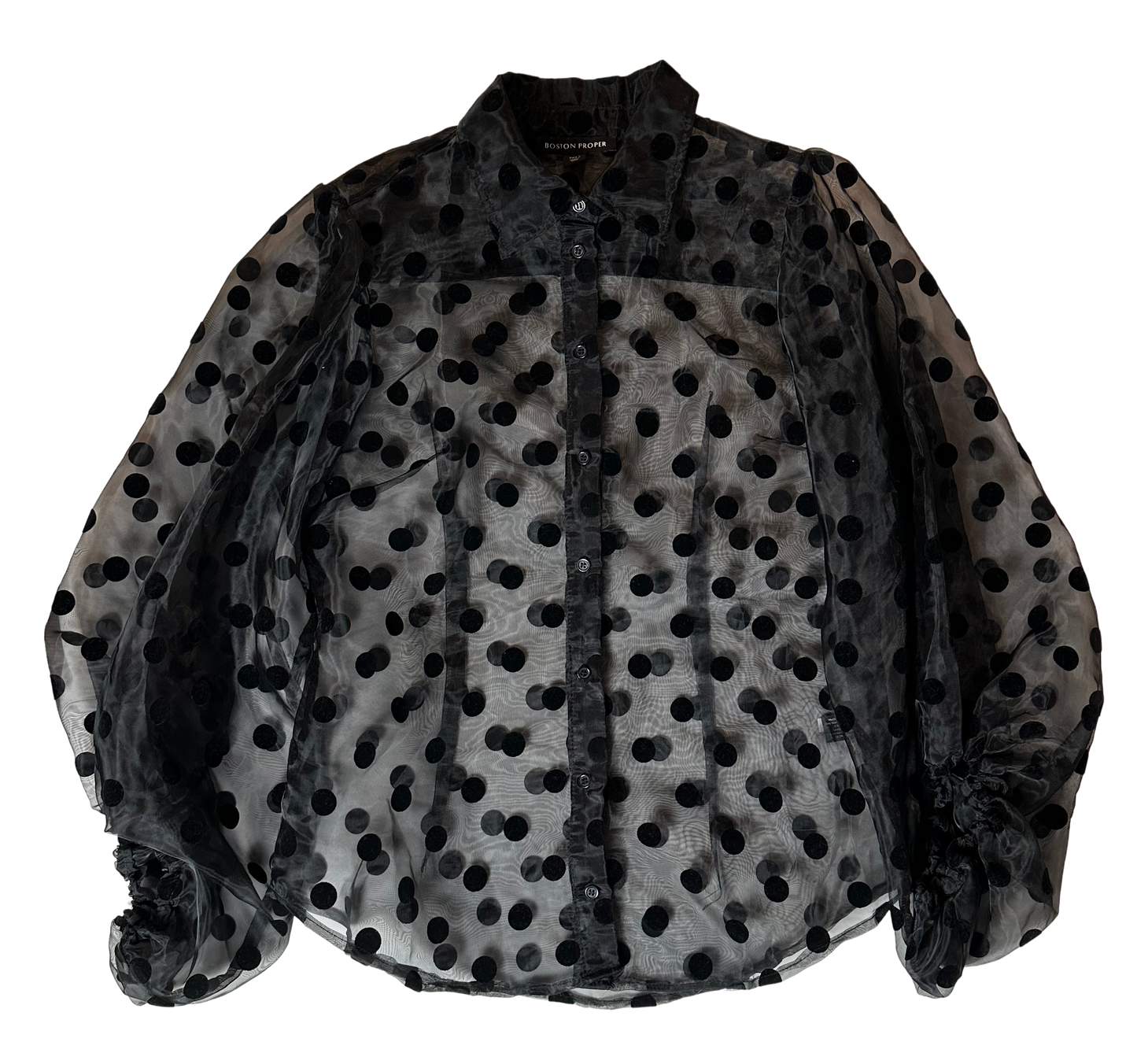 Boston Proper Sheer Black Polka Dot Balloon 3/4 Sleeve Button Up Collar Blouse size Small