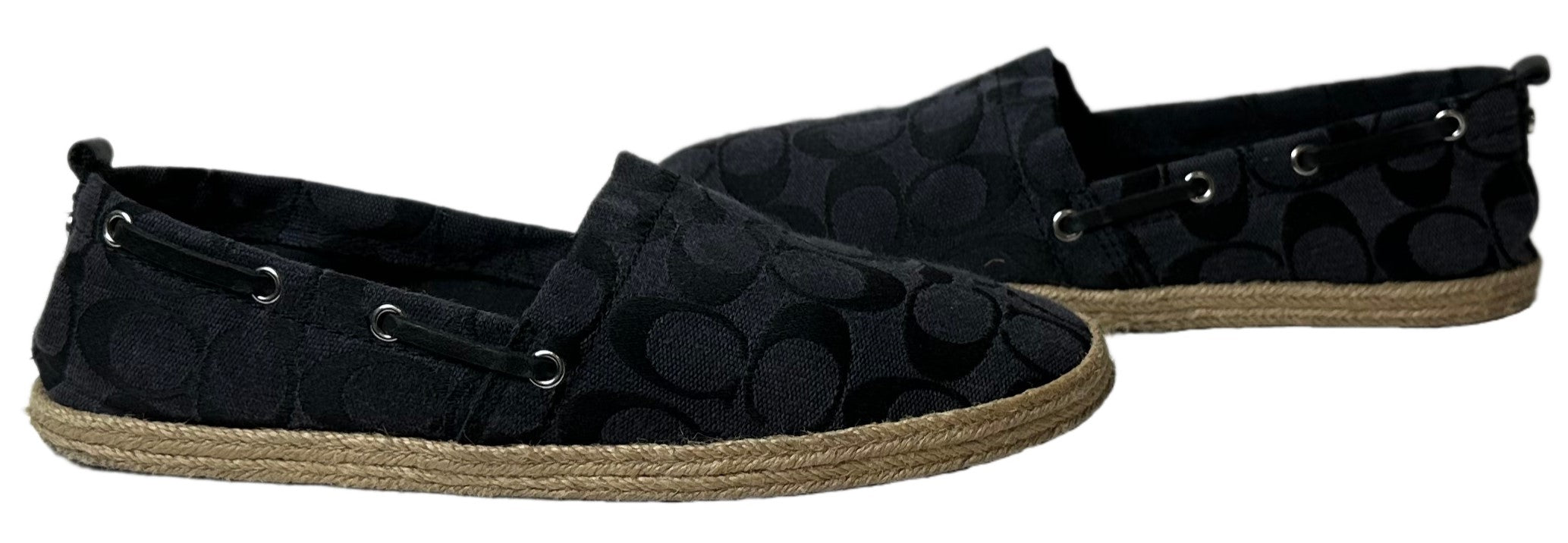 CoachLook casually chic in these Coach monogram jacquard flat espadrilles! They feature a fashionable navy blue and jacquard fabric printed with the iconic Coach logo. PuShoesCoach Navy Blue Logo Jacquard Flat EspadrillesCoach Navy Blue Logo Jacquard Flat Espadrilles