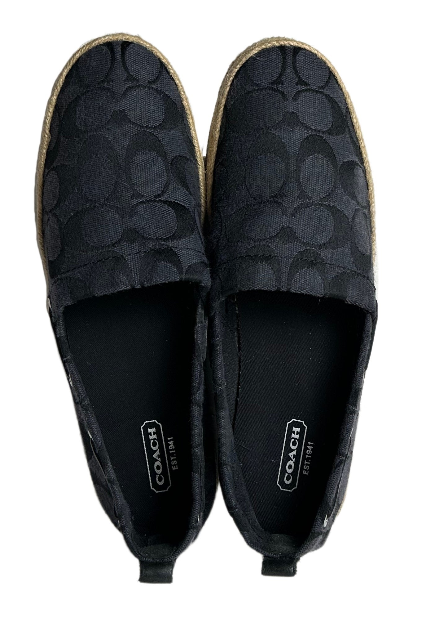 CoachLook casually chic in these Coach monogram jacquard flat espadrilles! They feature a fashionable navy blue and jacquard fabric printed with the iconic Coach logo. PuShoesCoach Navy Blue Logo Jacquard Flat EspadrillesCoach Navy Blue Logo Jacquard Flat Espadrilles