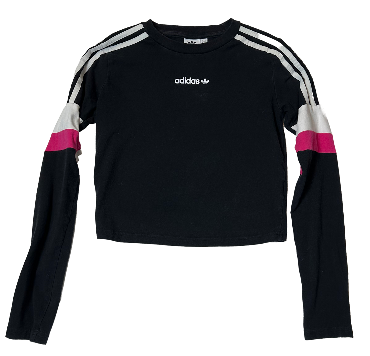 Adidas Long Sleeve Black Crop Top with White & Pink Stripes size Medium