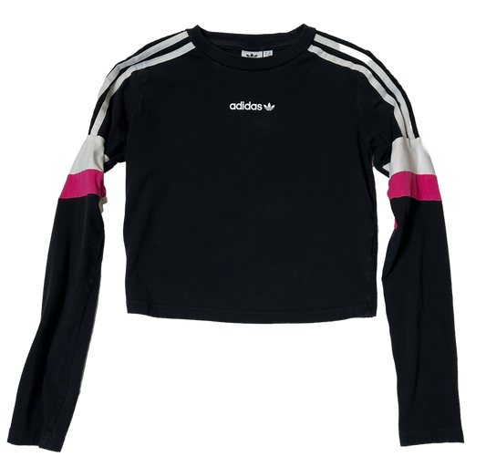 Adidas Long Sleeve Black Crop Top with White & Pink Stripes size Medium