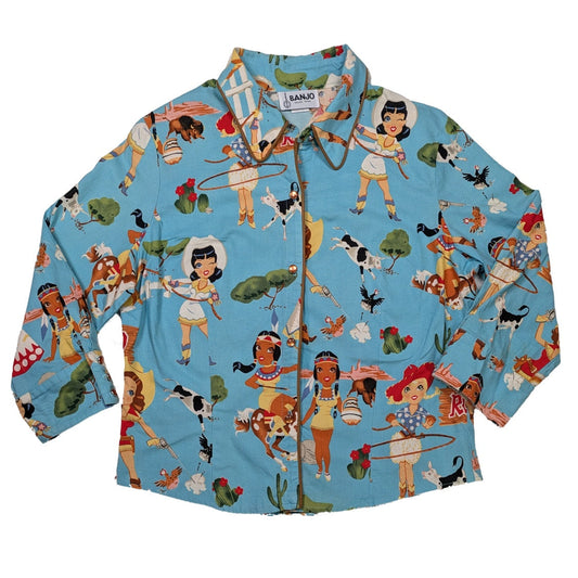 Vintage Banjo Western Print Snap Front Blouse Size XL Howdy! Add a touch of the Wild West to your wardrobe with this unique vintage banjo-themed blouse! Featuring a 