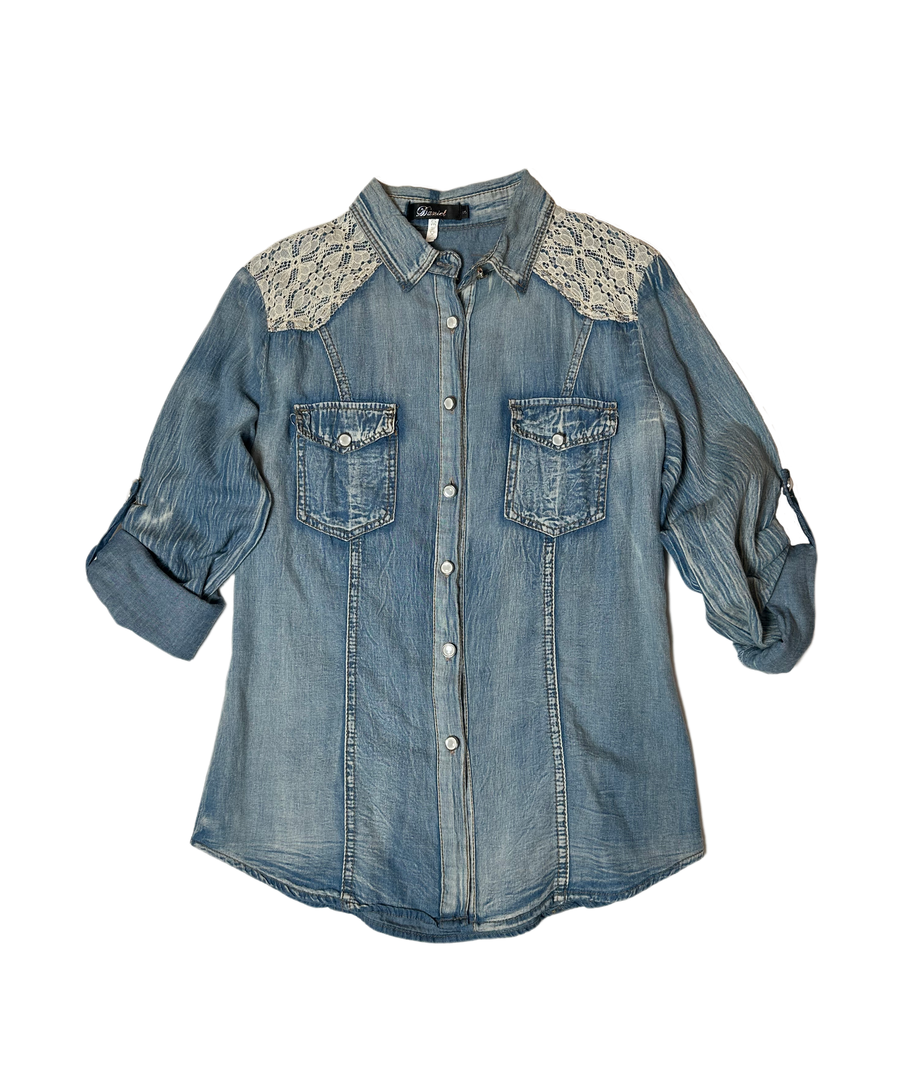 Daniel Faded Denim Shirt with Lace Trim is one timeless piece! Perfect for those days when you want to feel casually cool, it features a faded denim style coupled with the plaShirtDaniel Faded Denim Shirt with Lace TrimDaniel Faded Denim Shirt