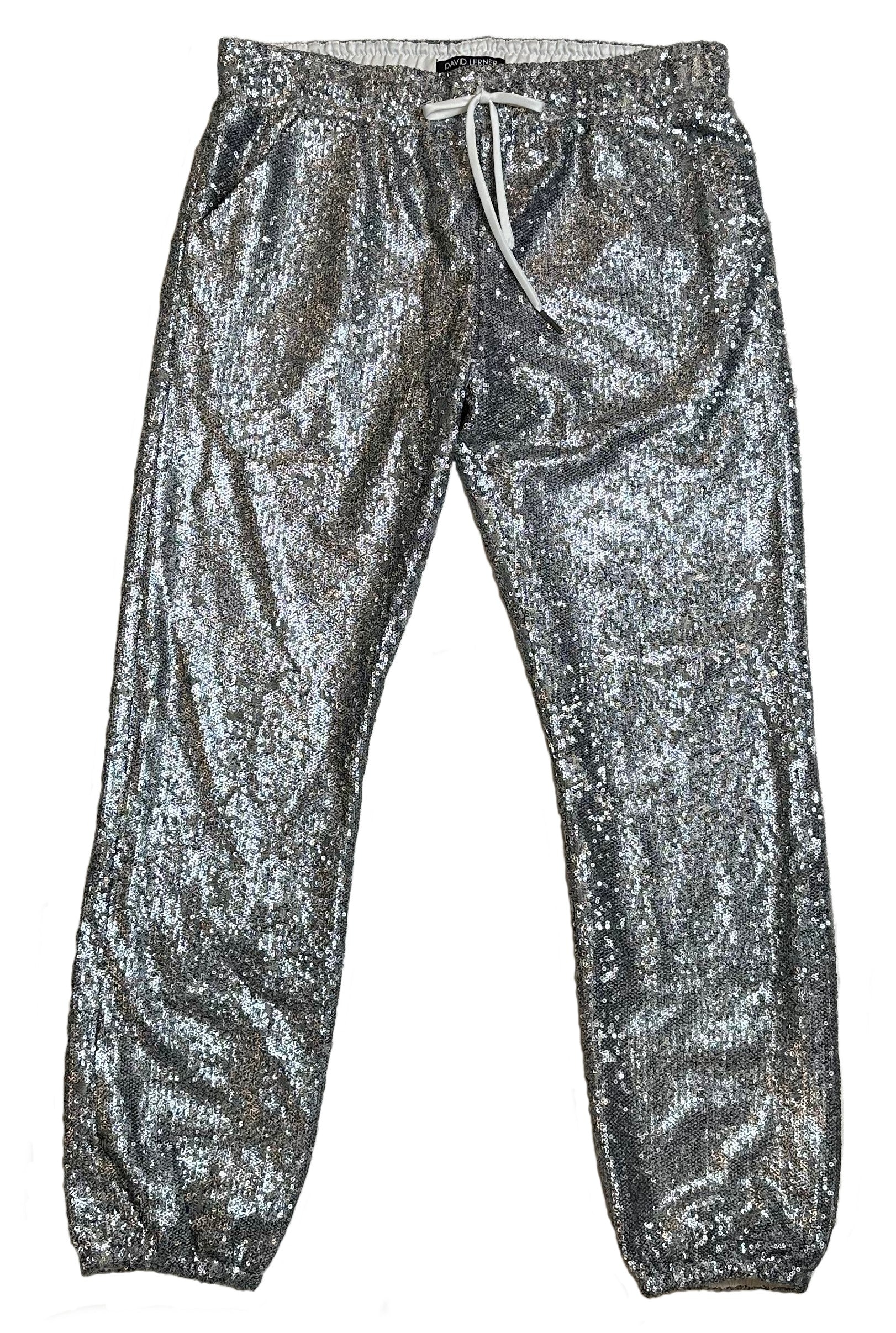 David LernerExperience a luxurious and exclusive look with these David Lerner Silver Sequin Drawstring Waist Cropped Joggers. Featuring side pockets, drawstring waist, and elastPantsDavid Lerner Silver Sequin Drawstring Waist Cropped JoggersDavid Lerner Silver Sequin Drawstring Waist Cropped Joggers