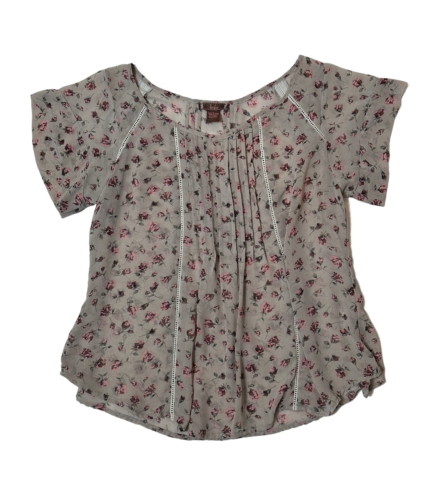The dmbm taupe short sleeve blouse is perfect for any occasion. Crafted from semi-sheer material with delicate crochet details and front and back pleats, this blouseBlousedmbm Taupe Short Sleeve Blouse with Delicate Floral Printdmbm Taupe Short Sleeve Blouse