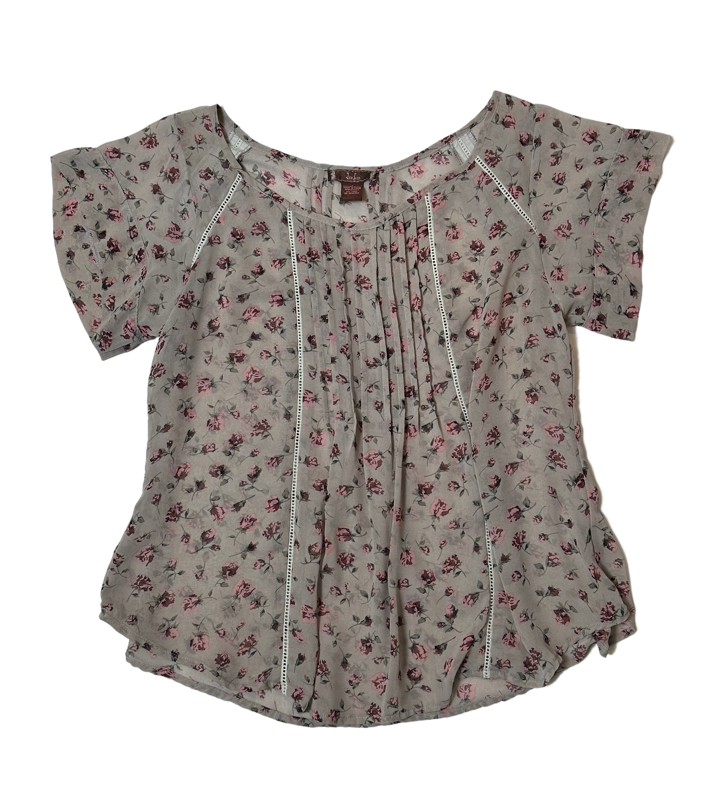 The dmbm taupe short sleeve blouse is perfect for any occasion. Crafted from semi-sheer material with delicate crochet details and front and back pleats, this blouseBlousedmbm Taupe Short Sleeve Blouse with Delicate Floral Printdmbm Taupe Short Sleeve Blouse