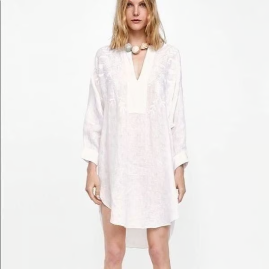 Zara Woman Embroidered White Linen Tunic Cover-up Size Small