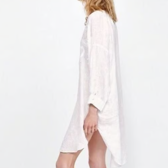 Zara Woman Embroidered White Linen Tunic Cover-up Size Small