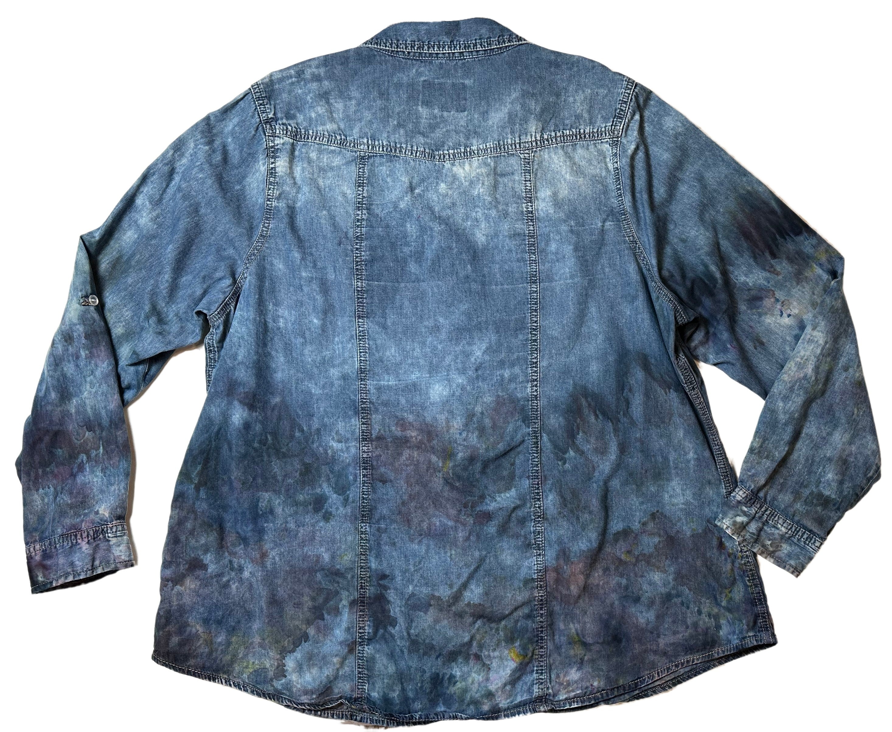 YMI Hand Dyed Denim Snap Front Long Sleeve Shirt size 2X Looking for a unique top? Check out the YMI Hand Dyed Denim Snap Front Long Sleeve Shirt! This size 2X shirt