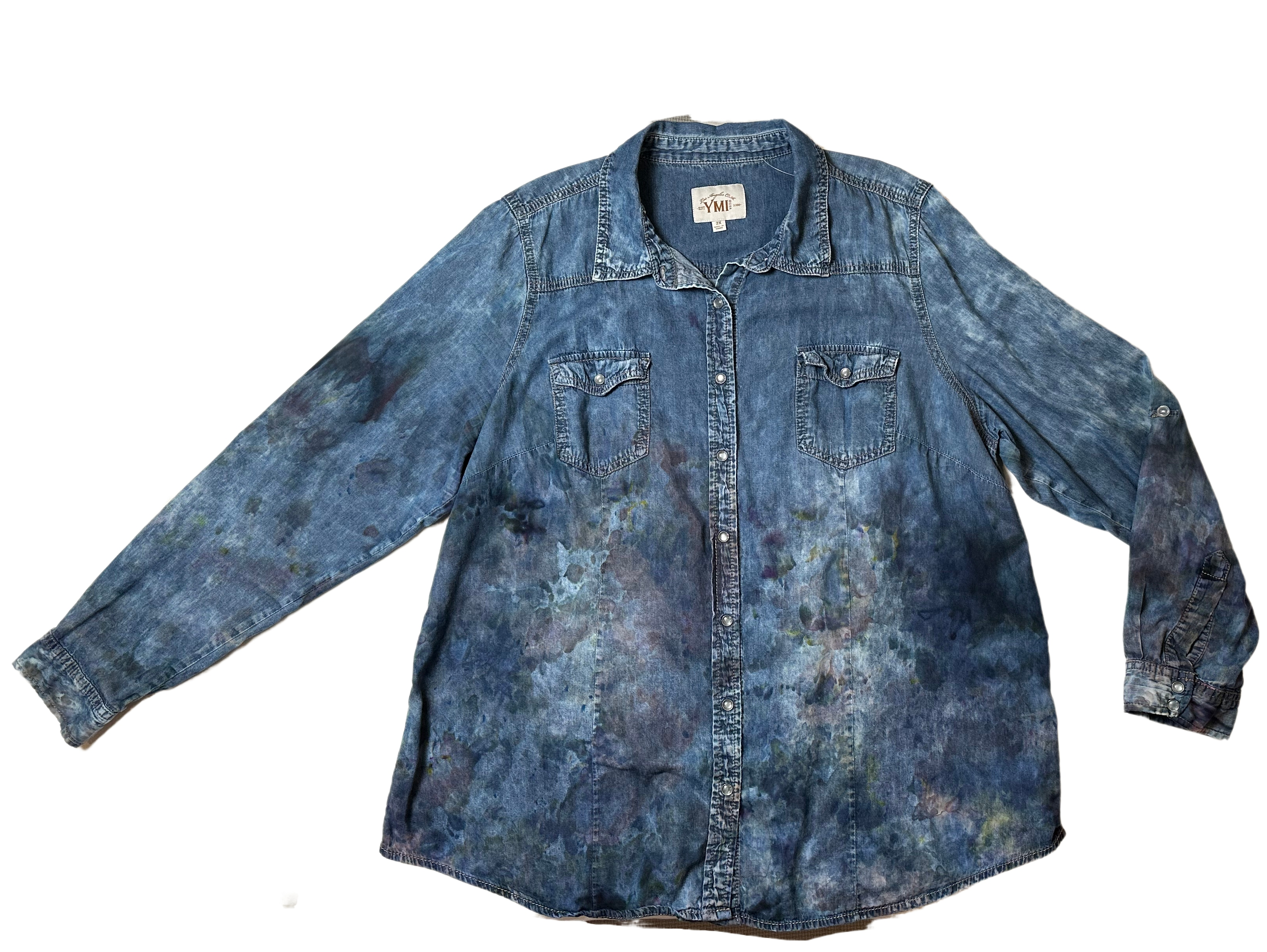 YMI Hand Dyed Denim Snap Front Long Sleeve Shirt size 2X Looking for a unique top? Check out the YMI Hand Dyed Denim Snap Front Long Sleeve Shirt! This size 2X shirt