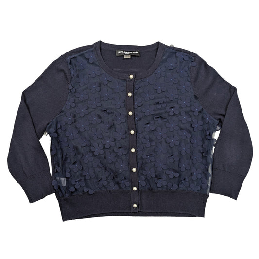Karl Lagerfeld Navy Cardigan with Sheer Front and Flower appliques Size Large
