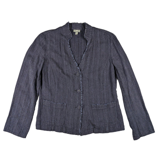 J. Jill Linen Blend Denim Jacket Blazer Dark Blue Fringe Pockets Buttons Size 10