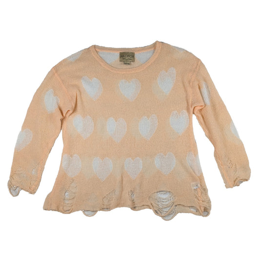 WildFox Distressed Peach Sweater with White Hearts Size