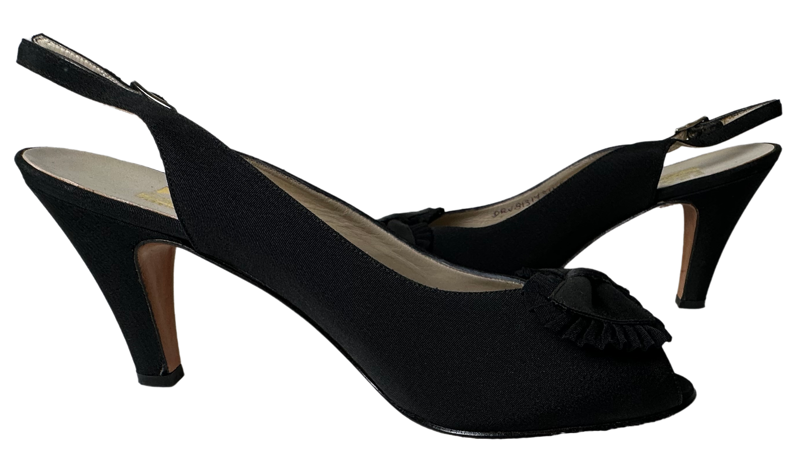 Salvatore Ferragamo Vintage Ruffle Bow Black Fabric Peep Toe Slingback Indulge in timeless elegance with these vintage Salvatore Ferragamo slingback heels. Crafted i