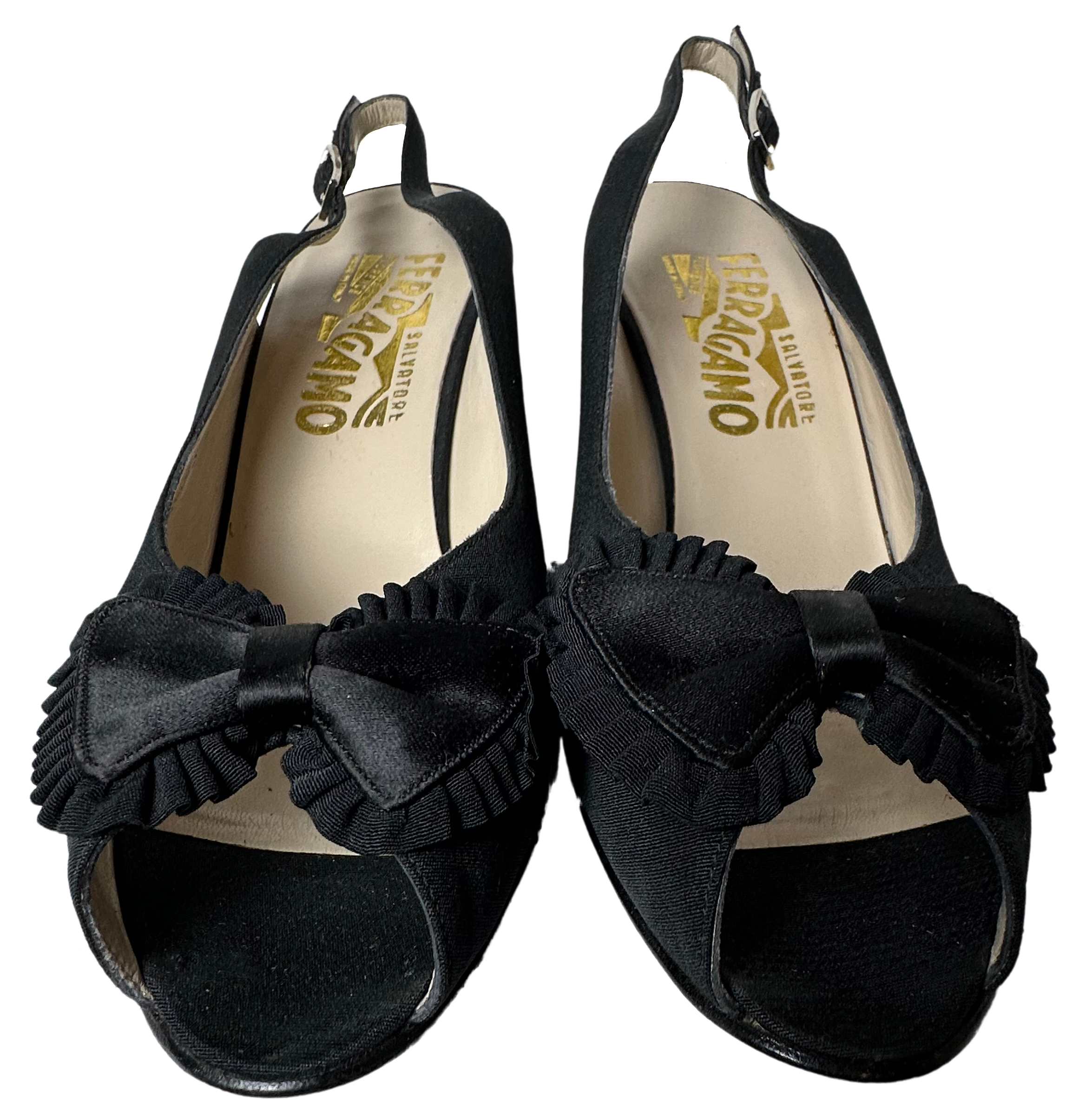 Salvatore Ferragamo Vintage Ruffle Bow Black Fabric Peep Toe Slingback Indulge in timeless elegance with these vintage Salvatore Ferragamo slingback heels. Crafted i