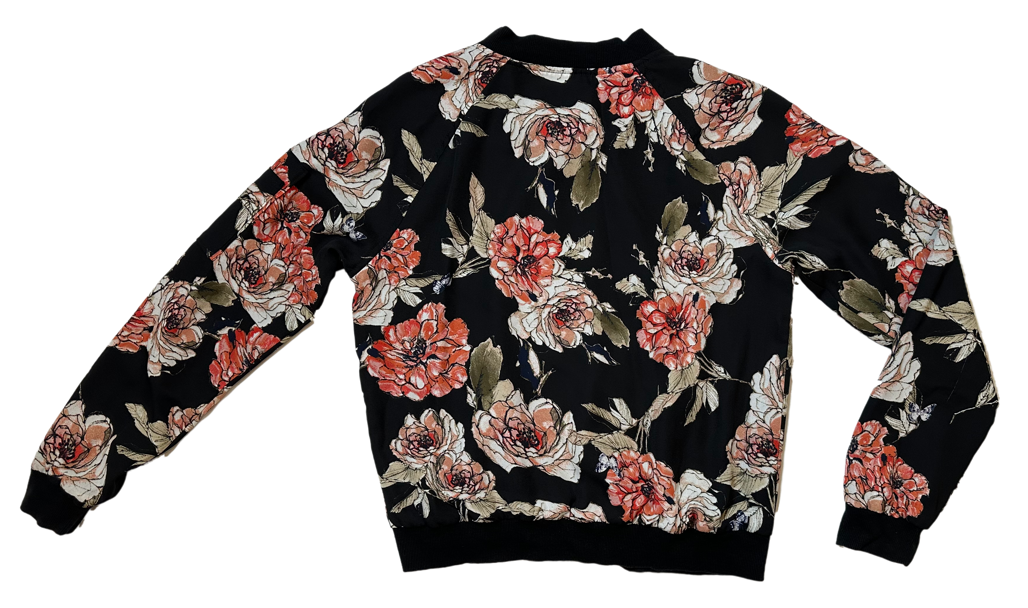 Sanctuary Anthropologie Floral Zip Front Bomber Jacket size Small Introducing the Sanctuary Anthropologie Bomber Jacket, a playful twist on a classic. This black jac