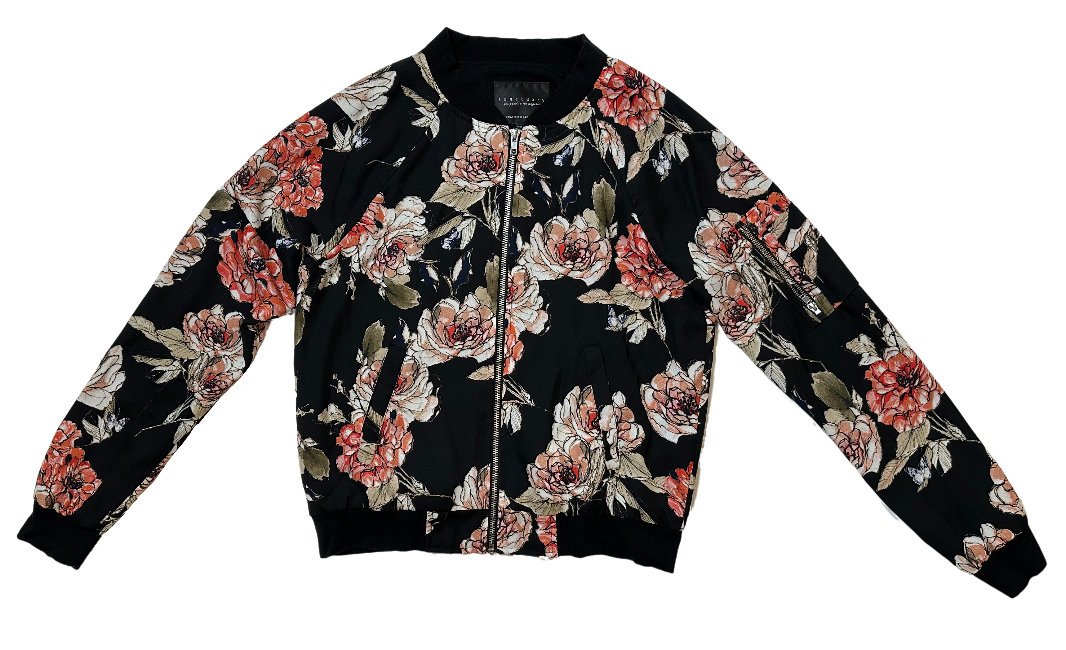 Sanctuary Anthropologie Floral Zip Front Bomber Jacket size Small Introducing the Sanctuary Anthropologie Bomber Jacket, a playful twist on a classic. This black jac