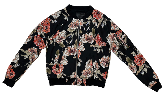 Sanctuary Anthropologie Floral Zip Front Bomber Jacket size Small Introducing the Sanctuary Anthropologie Bomber Jacket, a playful twist on a classic. This black jac