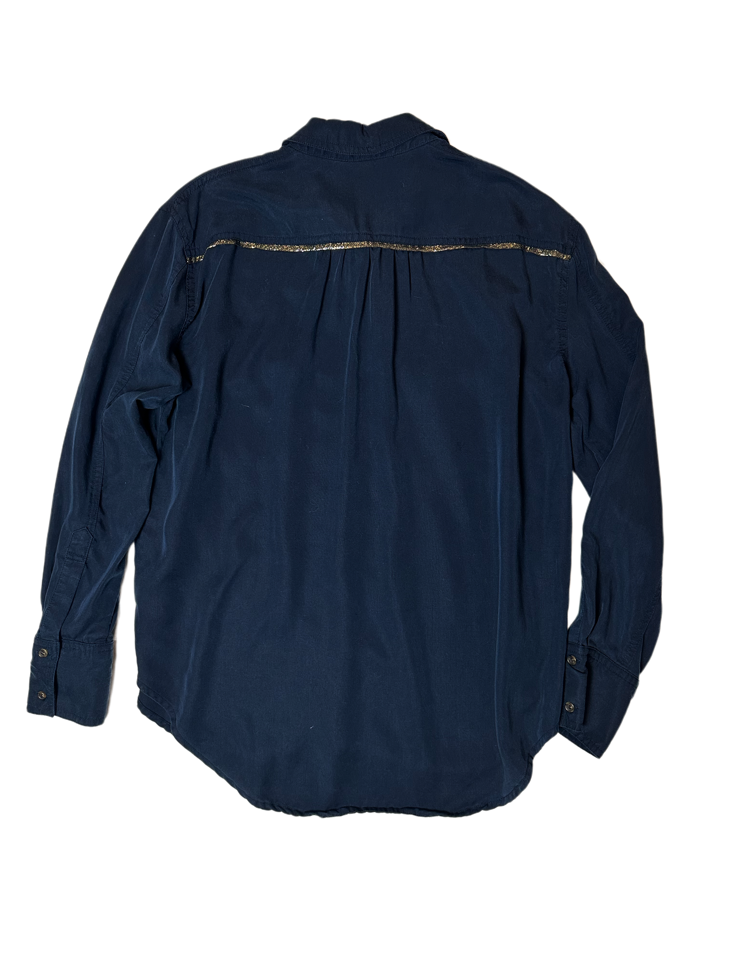 Free PeopleThis Free People midnight blue blouse is the perfect choice for an evening look with a twist! The tencel fabric is soft and light, while the shimmer trim provides a ShirtFree People Midnight Blue Button Front Blouse with Shimmer TrimFree People Midnight Blue Button Front Blouse