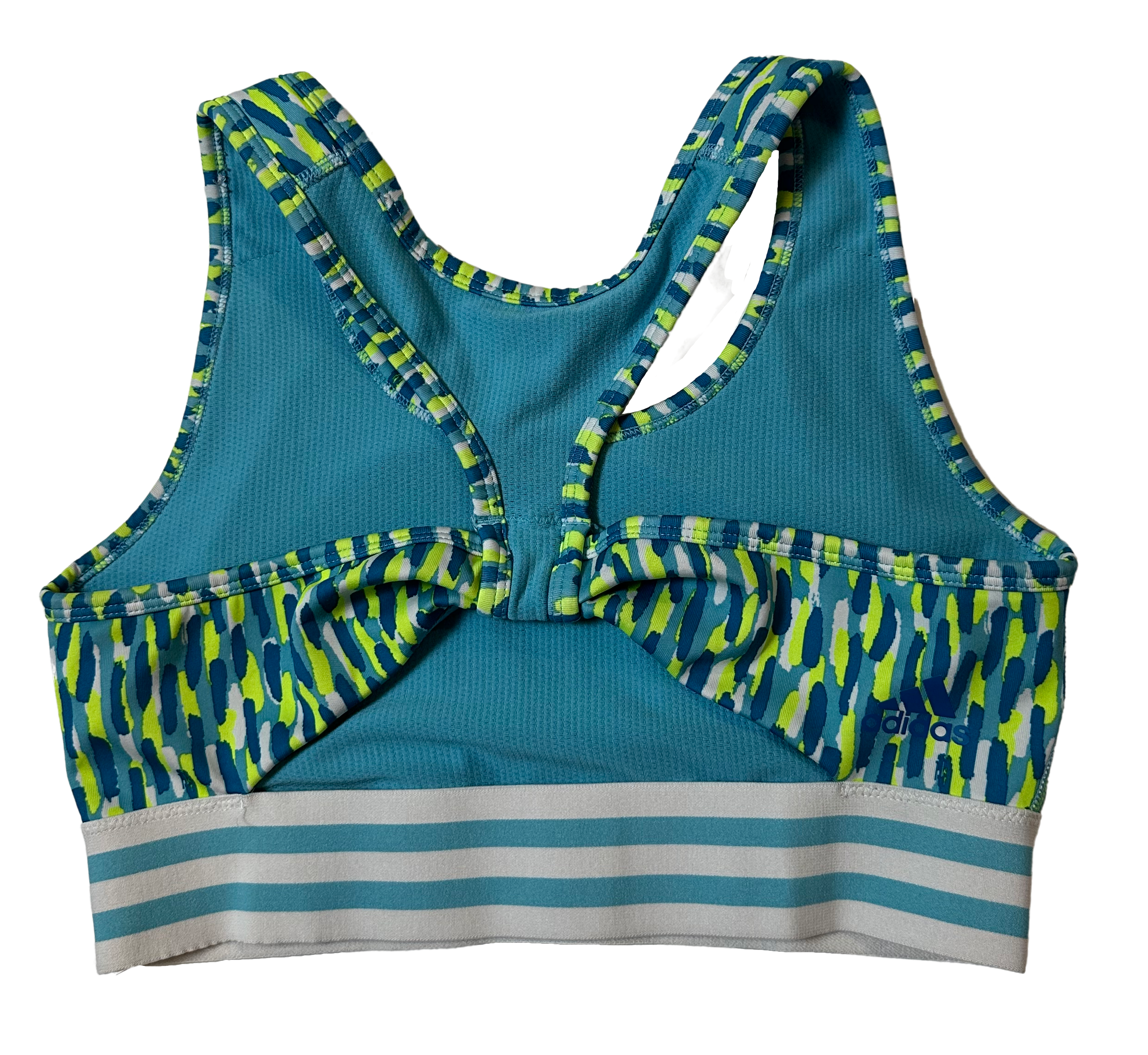 Adidas Blue & Green Print Twist Look Back Sports Bra Size Medium Get ready to twist and shout in this Adidas blue & green sports bra! Featuring a unique twist look bAdidas Blue & Green Print Twist Look Back Sports Bra Size Medium