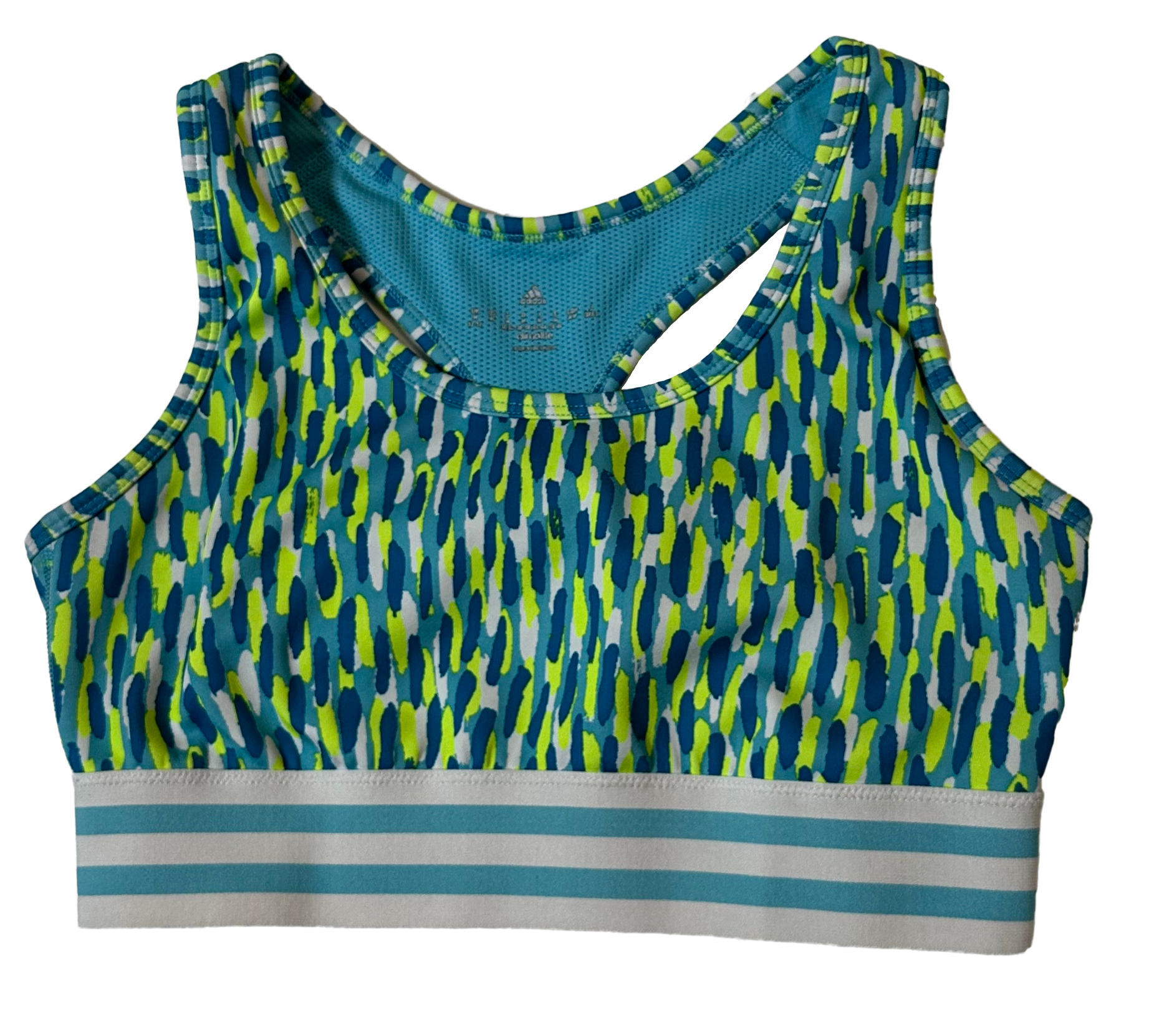 Adidas Blue & Green Print Twist Look Back Sports Bra Size Medium Get ready to twist and shout in this Adidas blue & green sports bra! Featuring a unique twist look bAdidas Blue & Green Print Twist Look Back Sports Bra Size Medium