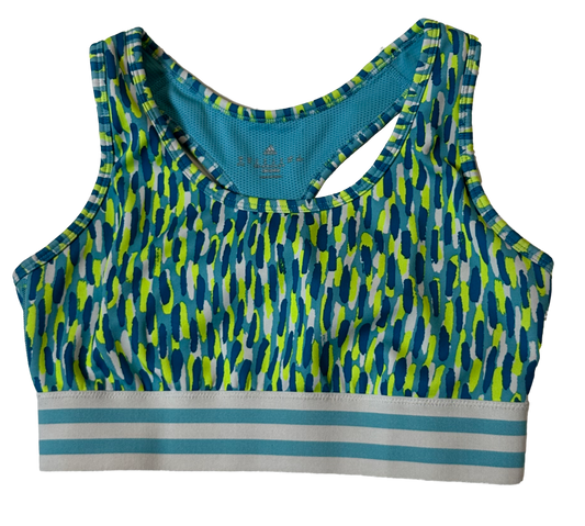 Adidas Blue & Green Print Twist Look Back Sports Bra Size Medium Get ready to twist and shout in this Adidas blue & green sports bra! Featuring a unique twist look bAdidas Blue & Green Print Twist Look Back Sports Bra Size Medium