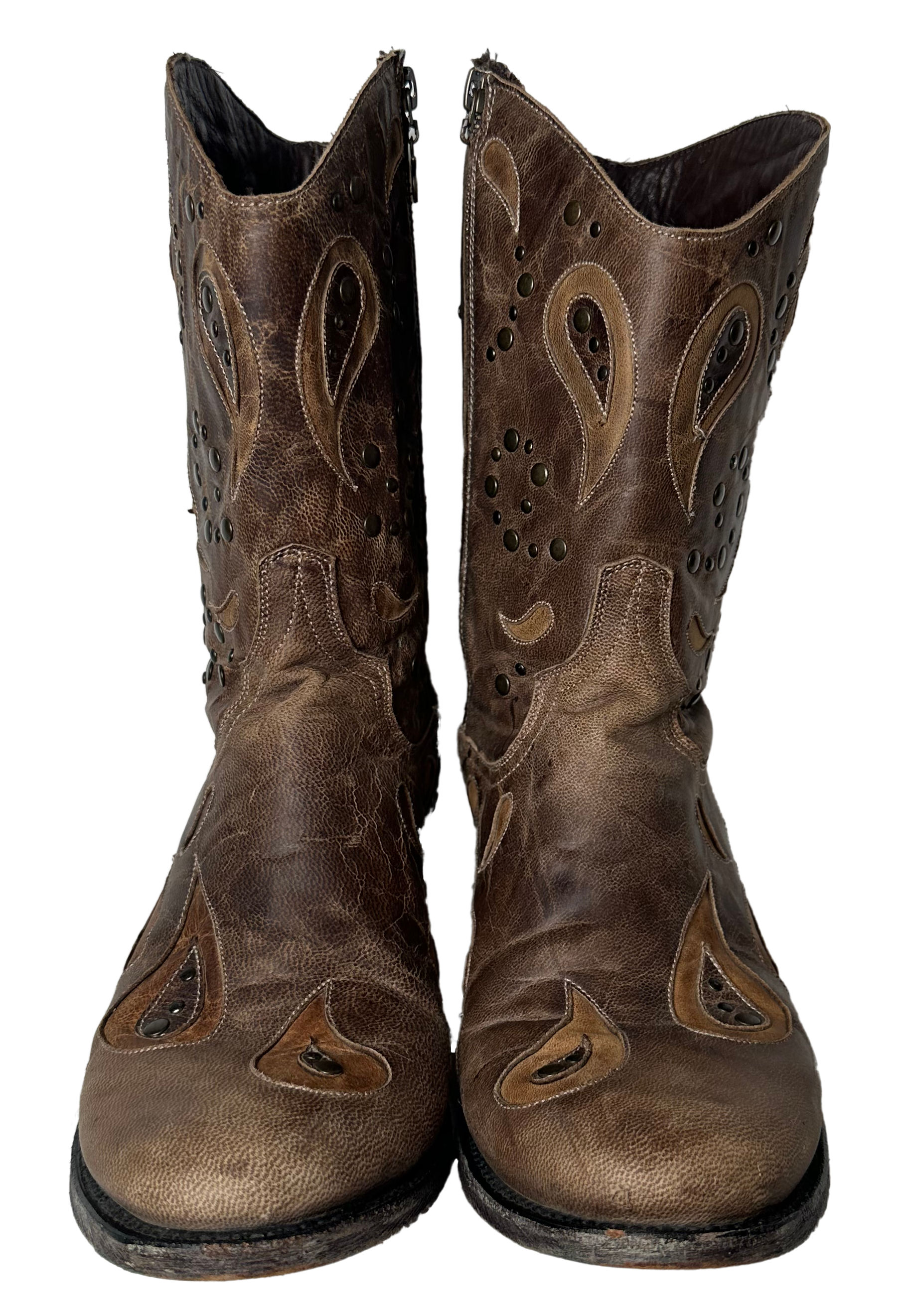 Lane Boots Brown with Cut-Outs, Studs and Side Zips Cowboy Cowgirl Slip into these Lane Boots with ease thanks to the convenient side zips, while the round toe and l