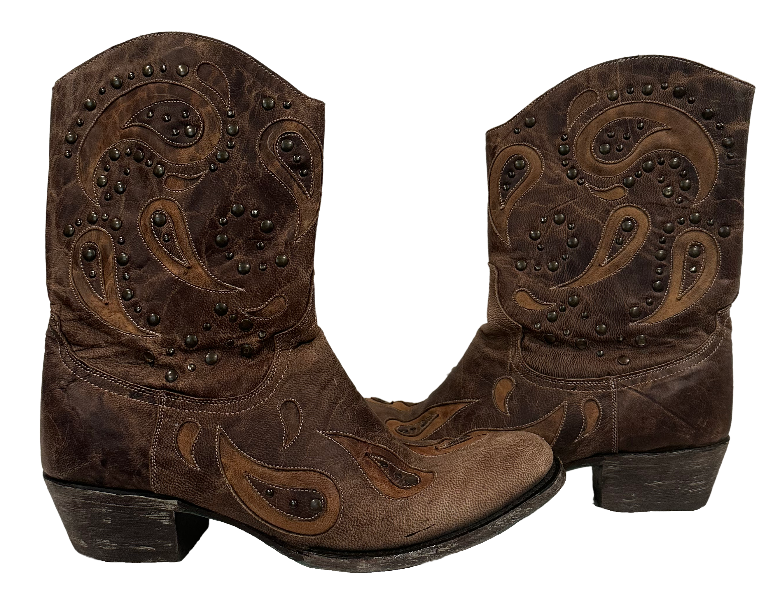 Lane Boots Brown with Cut-Outs, Studs and Side Zips Cowboy Cowgirl Slip into these Lane Boots with ease thanks to the convenient side zips, while the round toe and l