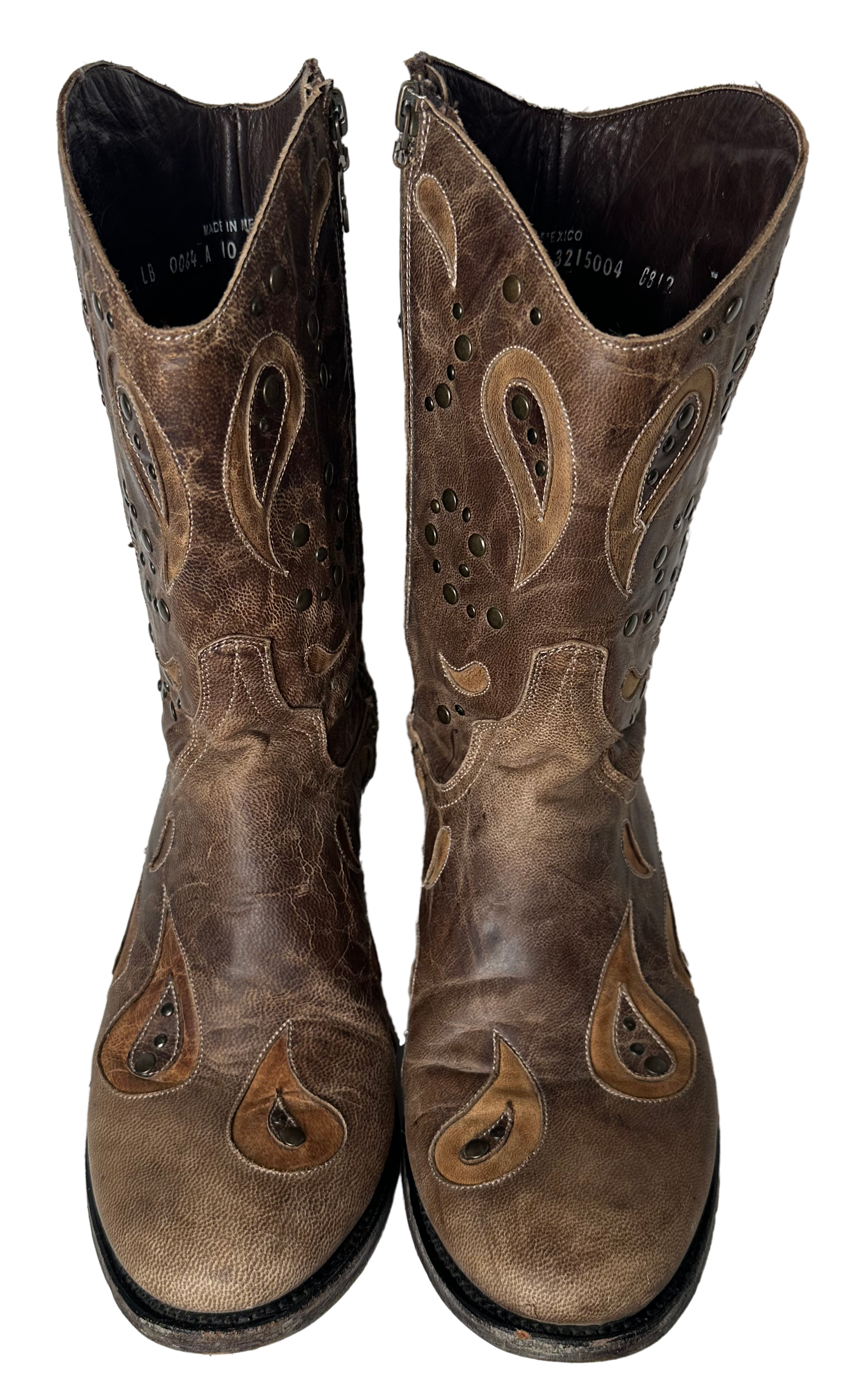 Lane Boots Brown with Cut-Outs, Studs and Side Zips Cowboy Cowgirl Slip into these Lane Boots with ease thanks to the convenient side zips, while the round toe and l