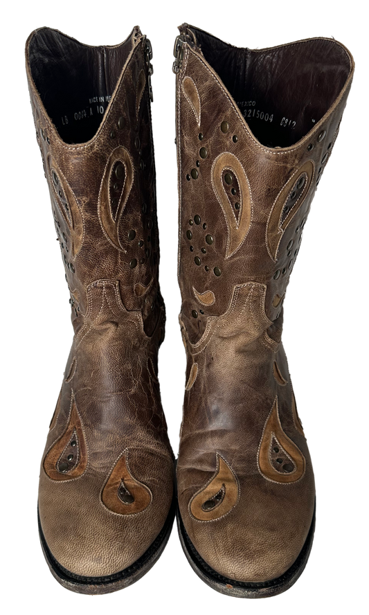 Lane Boots Brown with Cut-Outs, Studs and Side Zips Cowboy Cowgirl Slip into these Lane Boots with ease thanks to the convenient side zips, while the round toe and l