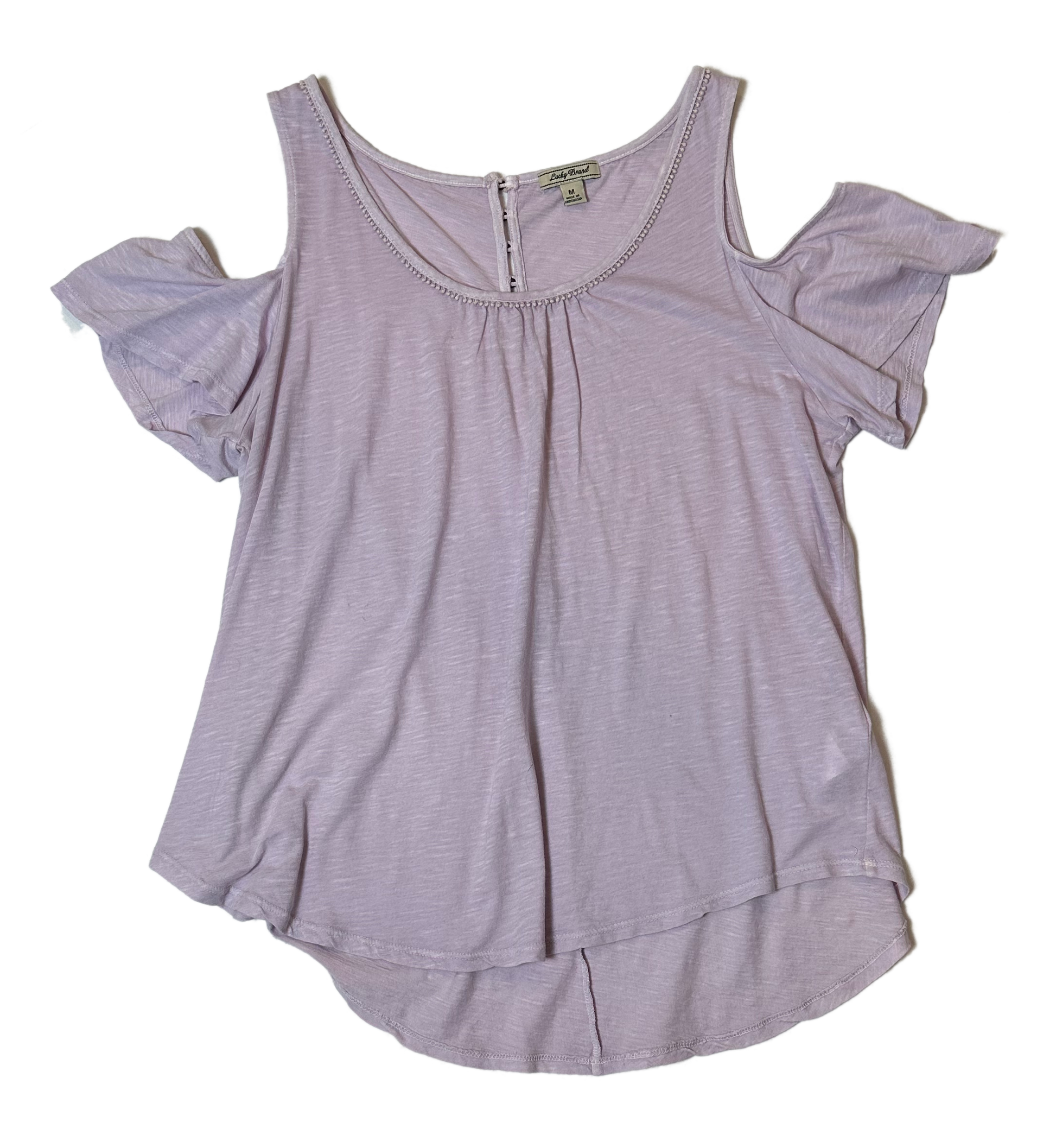 Lucky BrandThis Lucky Brand top is the perfect warm-weather wardrobe staple, crafted from a light lavender fabric with cold shoulder cutouts and short flutter sleeves. Brass buShirts & TopsLucky Brand Cold Shoulder Short Flutter Sleeve Lavender TopLucky Brand Cold Shoulder Short Flutter Sleeve Lavender Top