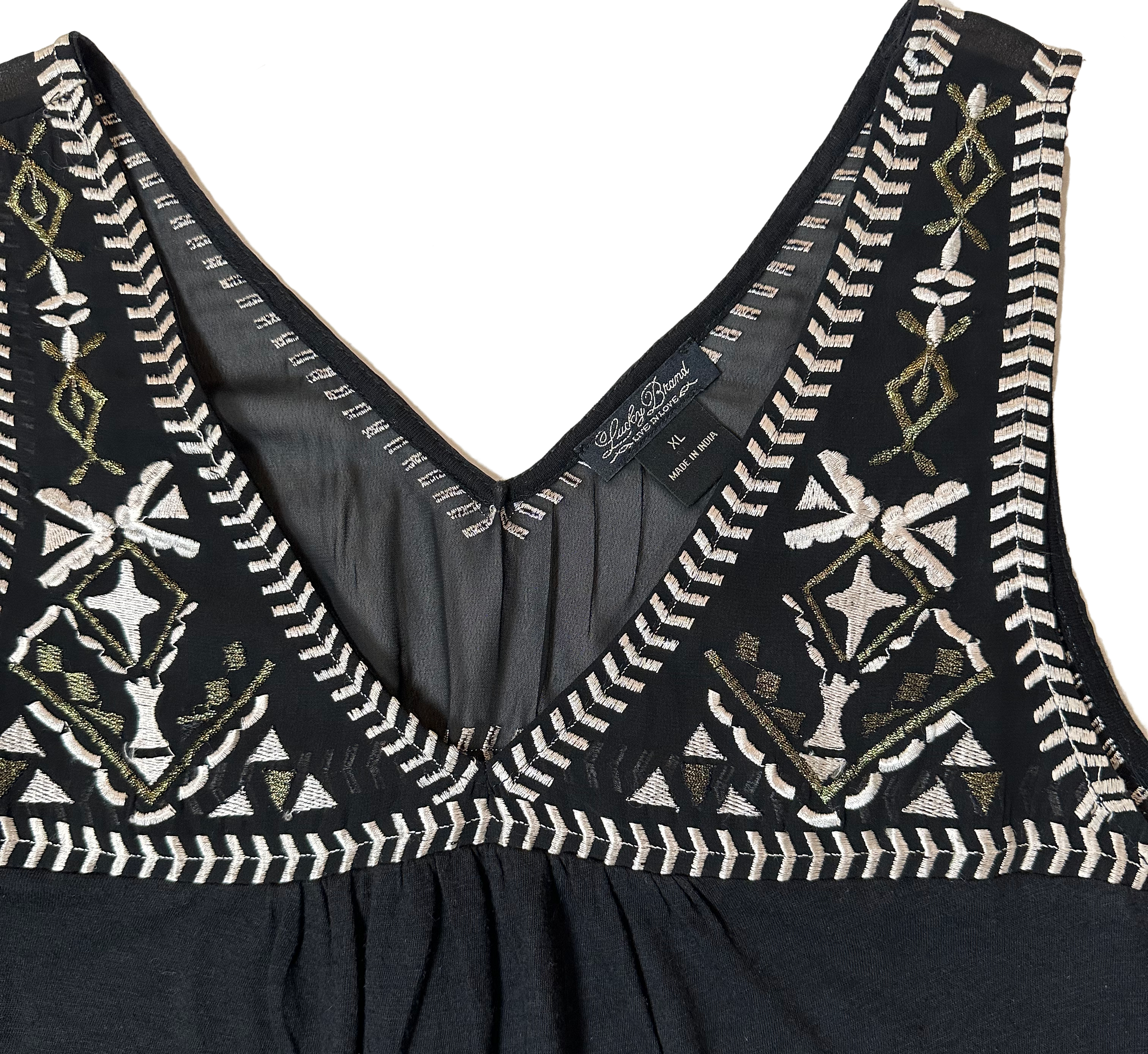 Lucky Brand Black Tank with V-neck, Mesh and Embroidery size XL