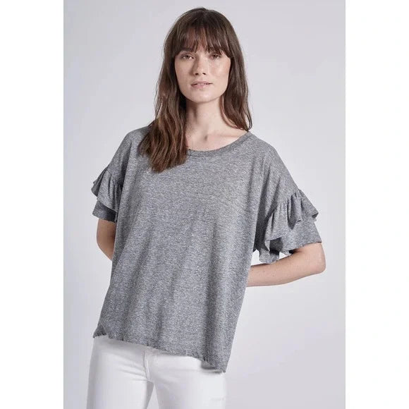 Current Elliott The Roadie Ruffle Sleeve Cotton Tee Size 2 Playful and comfy Current/Elliott The Roadie Tee boasts an oversized fit in soft heather gray cotton. With