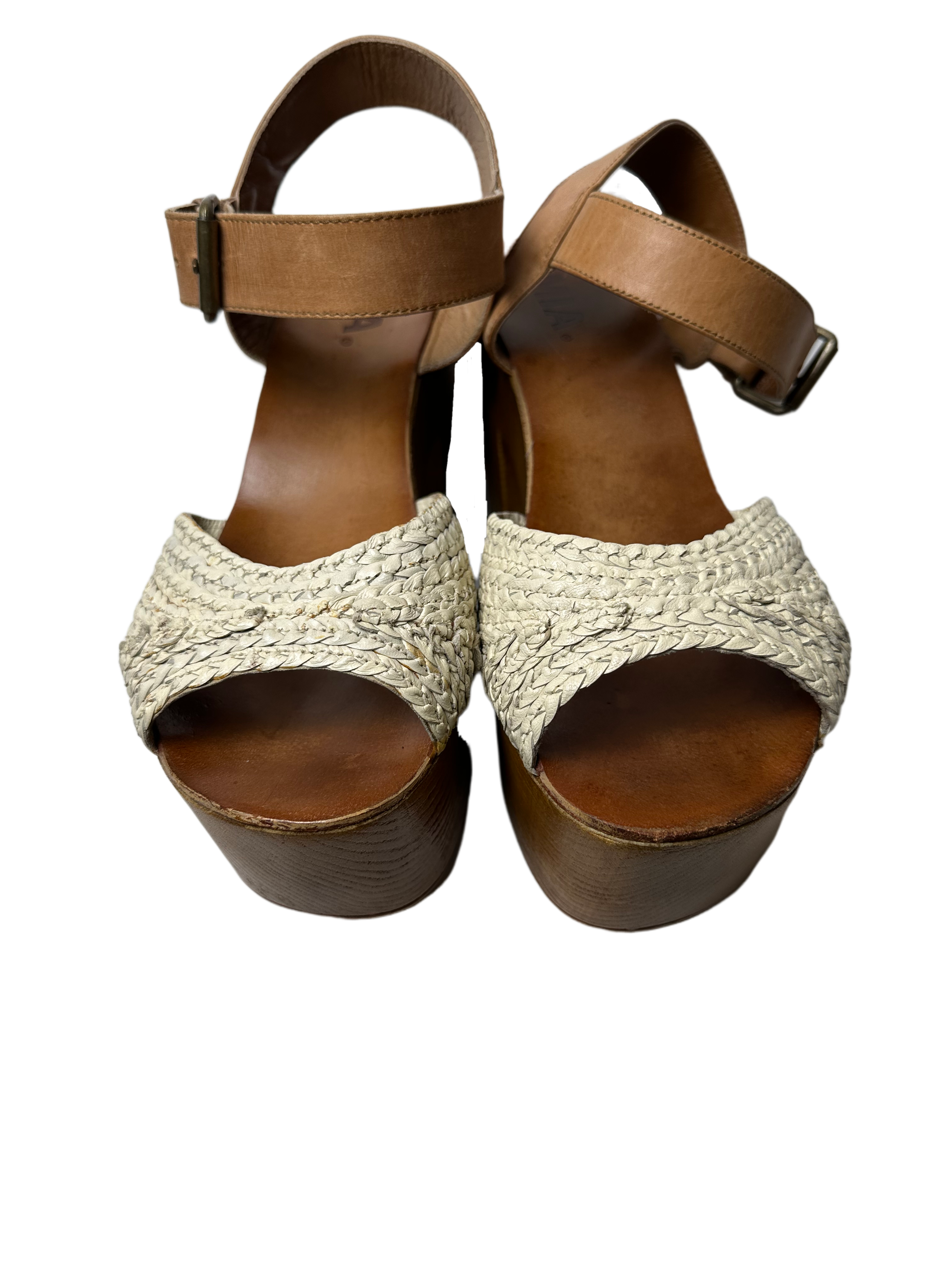 MiaThese Mia platform wood heel shoes boast a stylish look with an off-white crochet-like band and brown leather ankle strap. The wood platform heel adds fashion intereShoesMia Platform Wood Heel Shoes with "Crochet" BandMia Platform Wood Heel Shoes