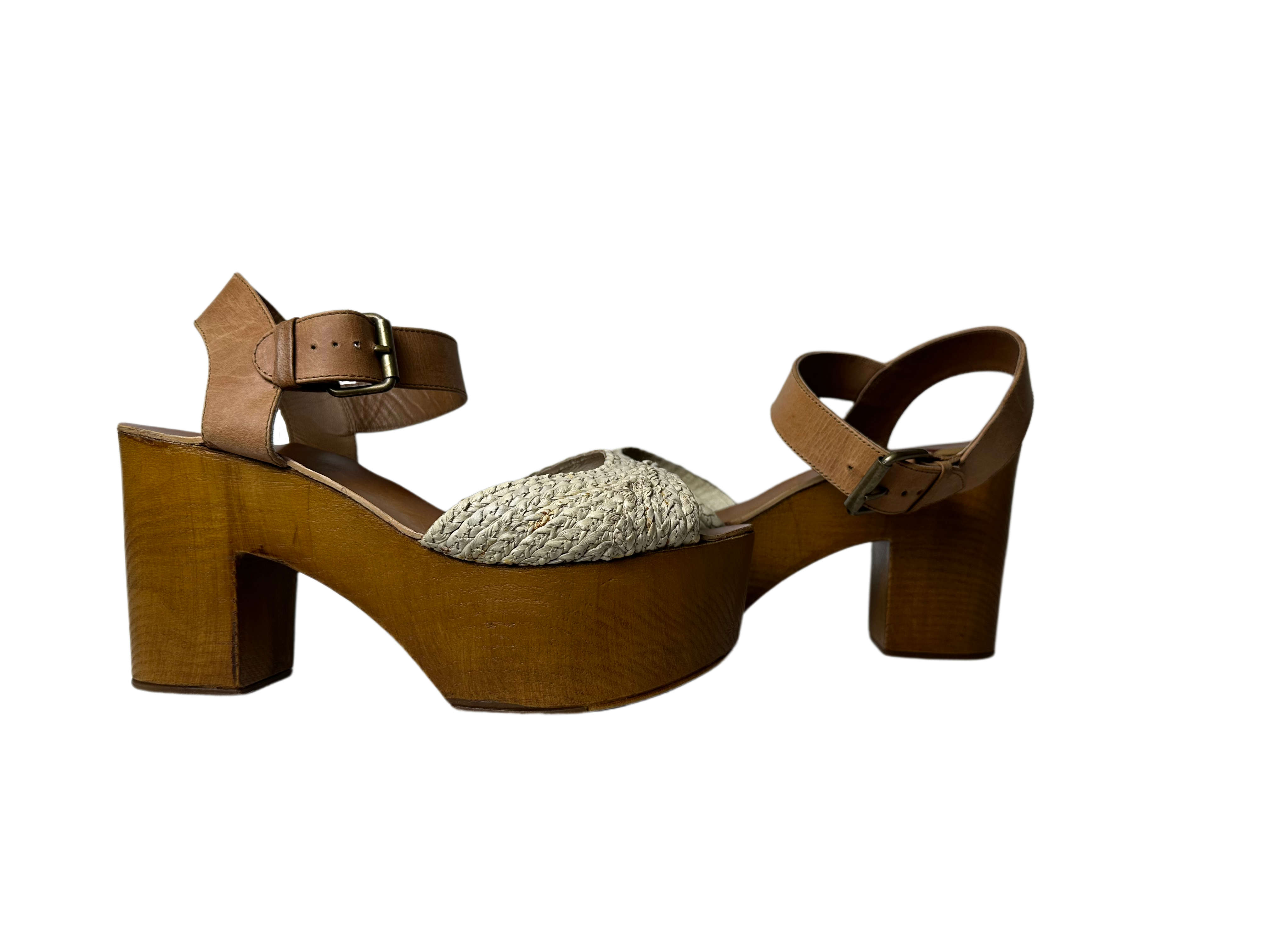 MiaThese Mia platform wood heel shoes boast a stylish look with an off-white crochet-like band and brown leather ankle strap. The wood platform heel adds fashion intereShoesMia Platform Wood Heel Shoes with "Crochet" BandMia Platform Wood Heel Shoes