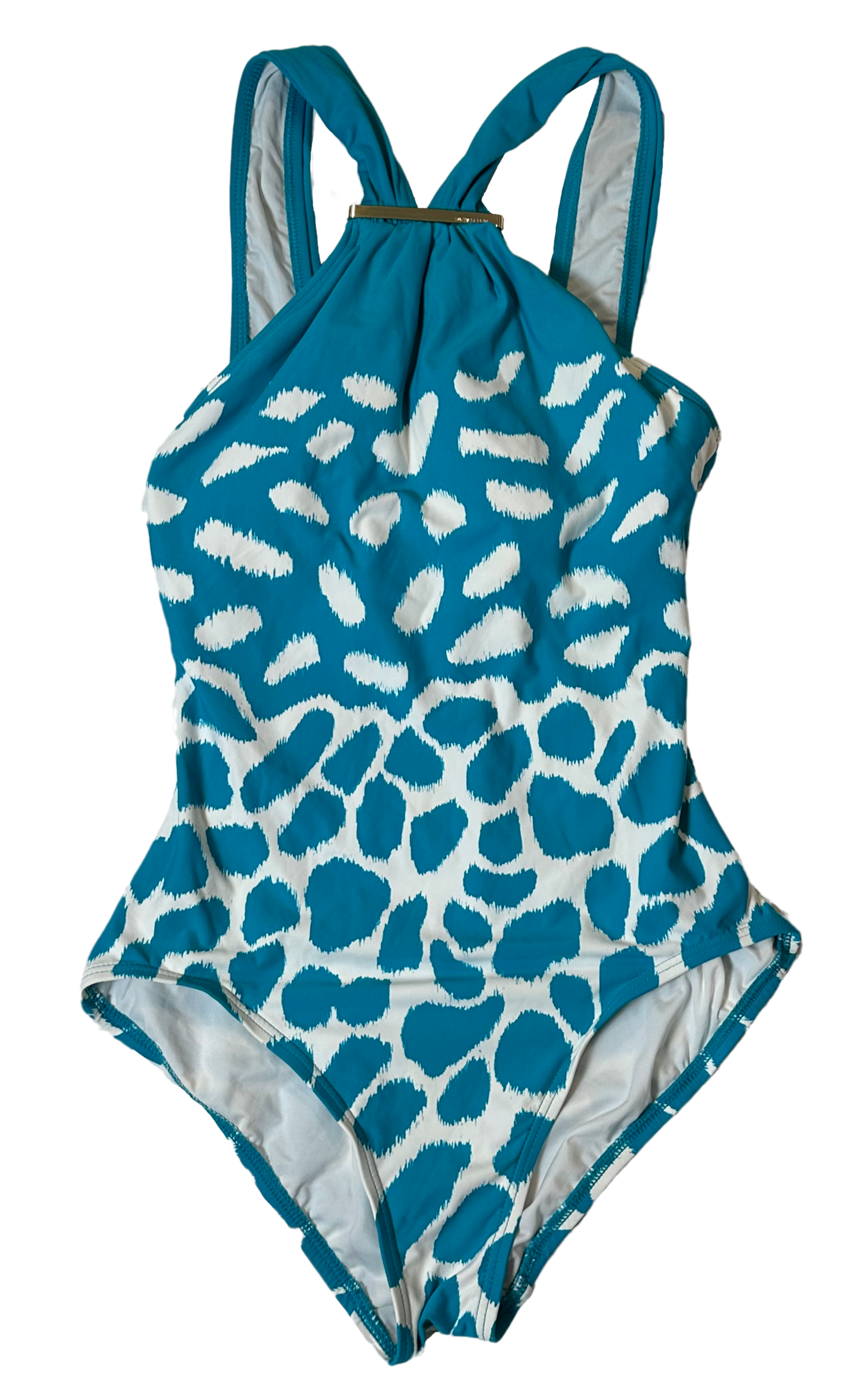 Michael Michael Kors Logo Bar High Neck One Piece Swim Suit size 6 This sassy one piece swim suit features a hard to find trendy turquoise and white print and a gold