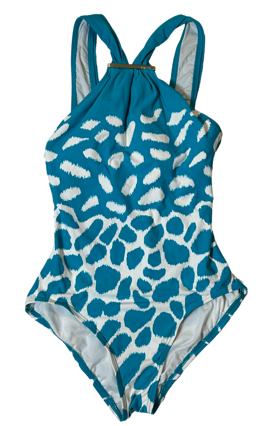 Michael Michael Kors Logo Bar High Neck One Piece Swim Suit size 6 This sassy one piece swim suit features a hard to find trendy turquoise and white print and a gold