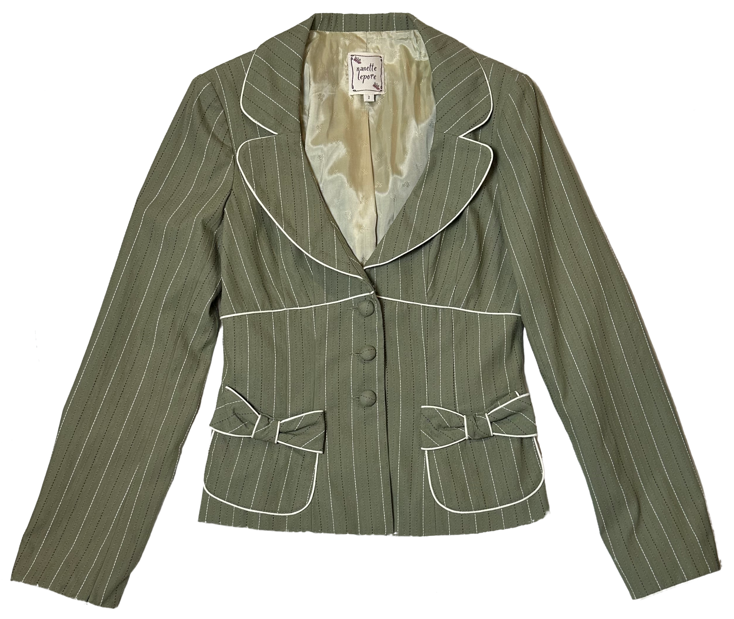 Nanette Lepore Vintage Pinstriped Green Blazer with Pockets and Bow detail - size 2