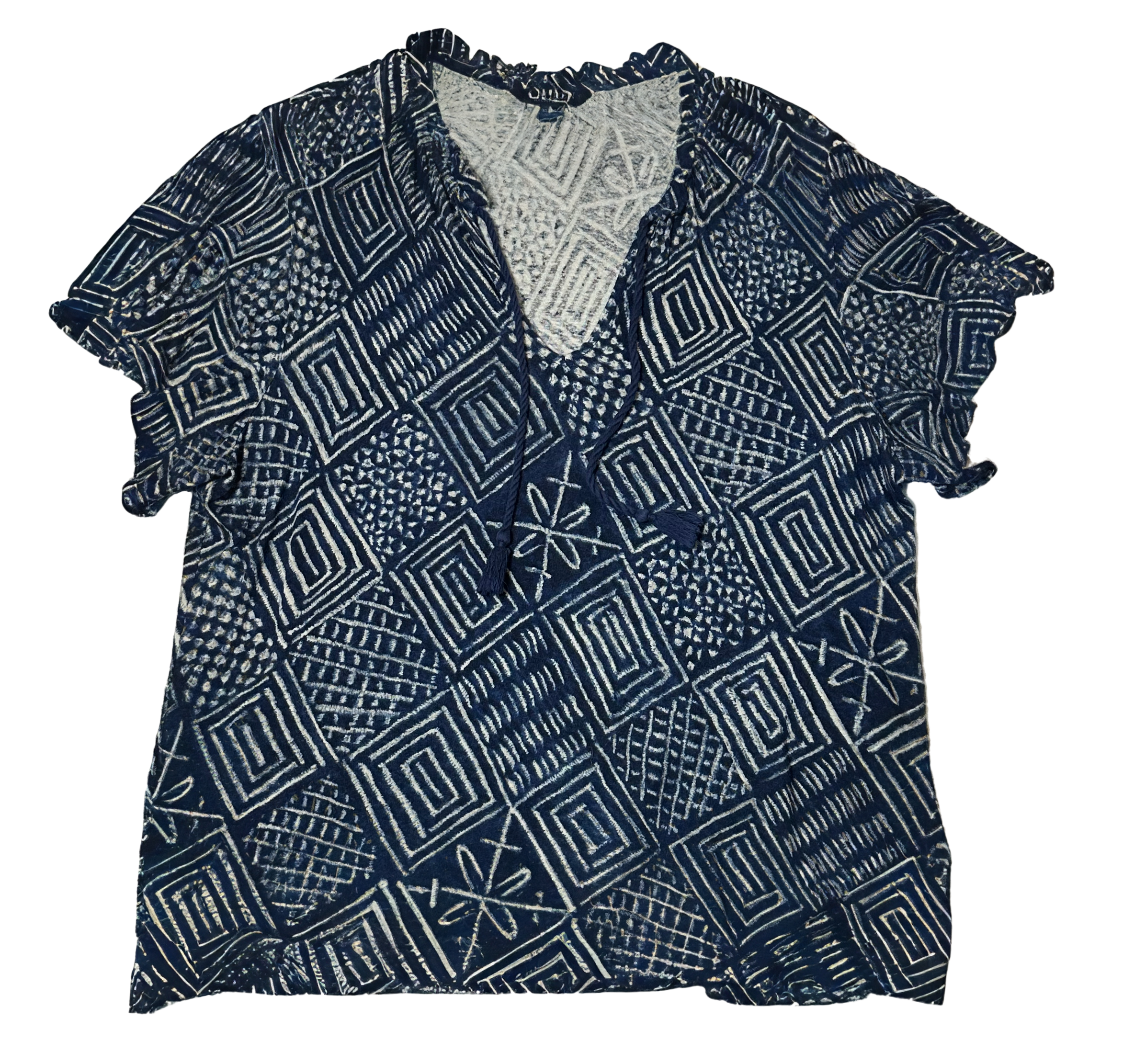 Lauren Ralph Lauren Blue and White Print Short Flutter Sleeve Linen Blend  - size XL